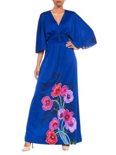 1970S GIORGIO BEVERLY HILLLS Cobalt Blue Polyester Jersey Low Cut Disco Dress