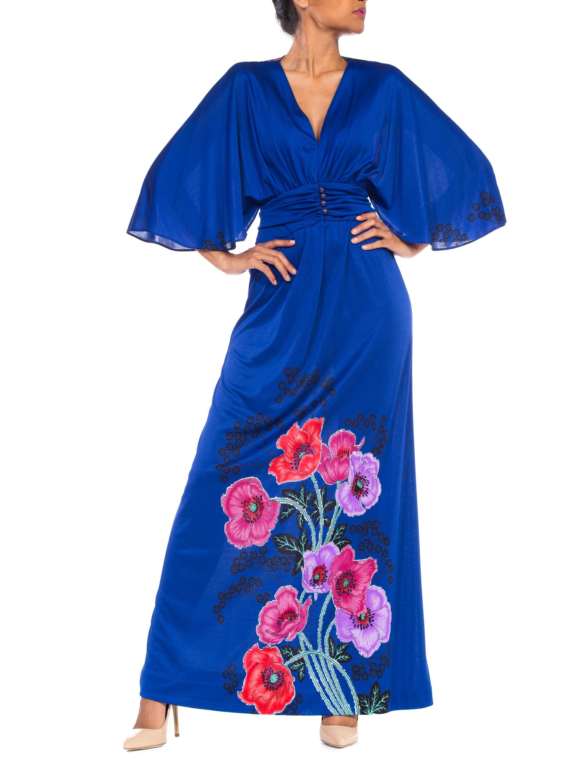 1970S GIORGIO BEVERLY HILLLS Cobalt Blue Polyester Jersey Low Cut Disco Dress 8