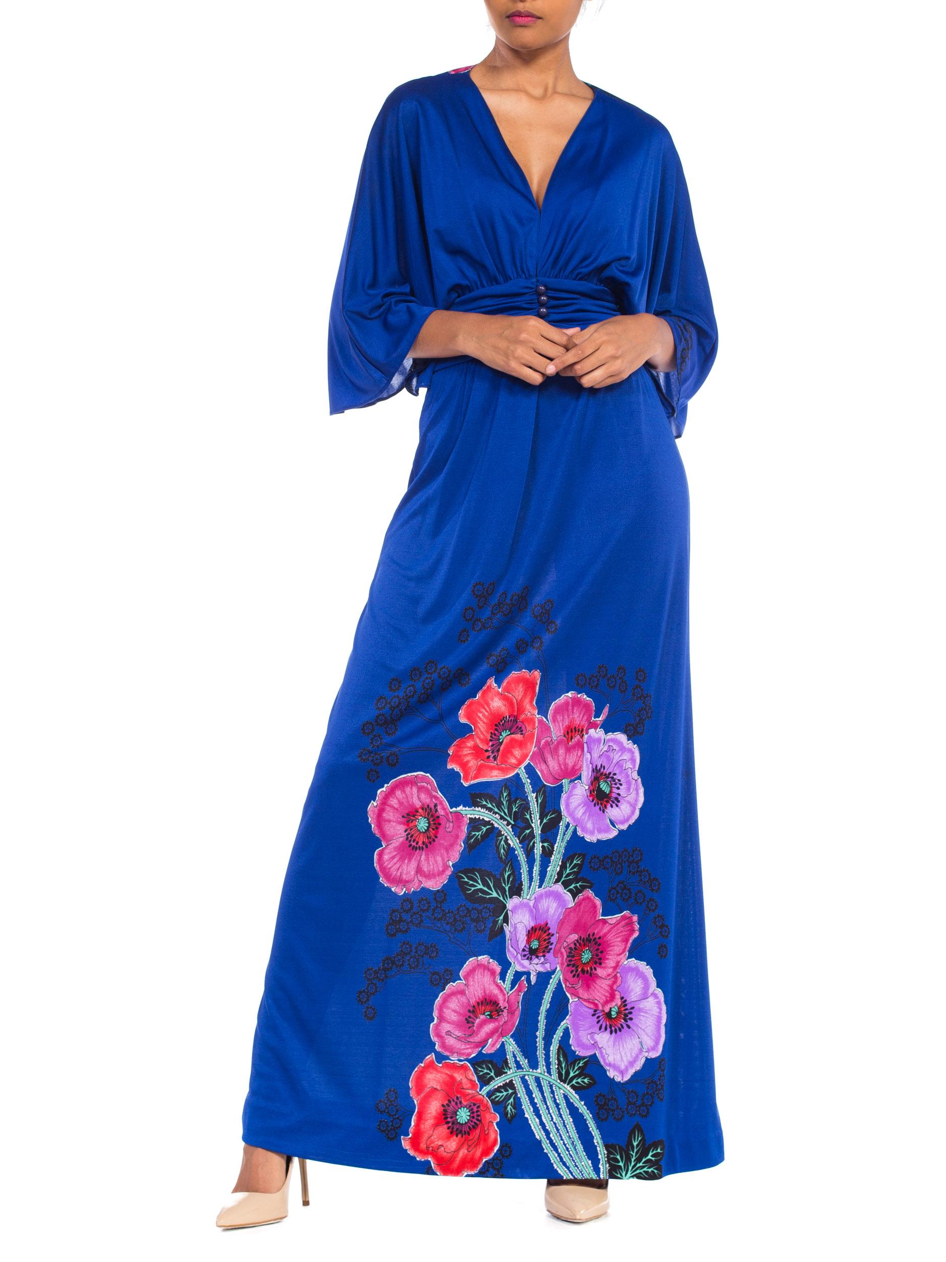 1970S GIORGIO BEVERLY HILLLS Cobalt Blue Polyester Jersey Low Cut Disco Dress 9