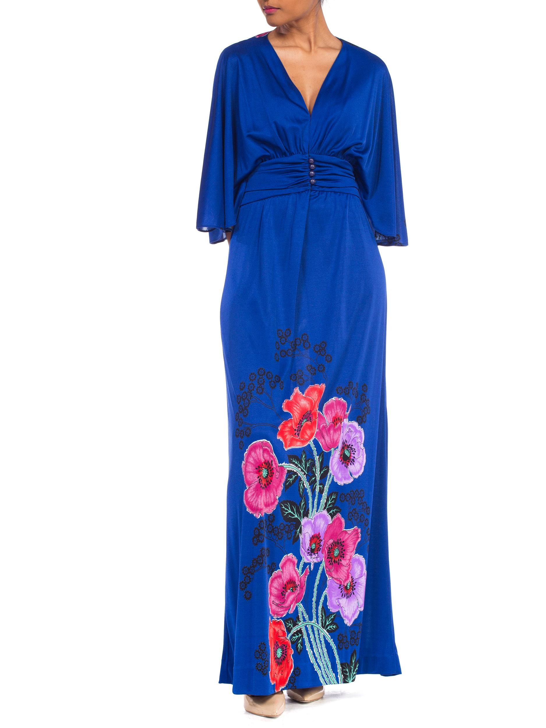 1970S GIORGIO BEVERLY HILLLS Cobalt Blue Polyester Jersey Low Cut Disco Dress 10