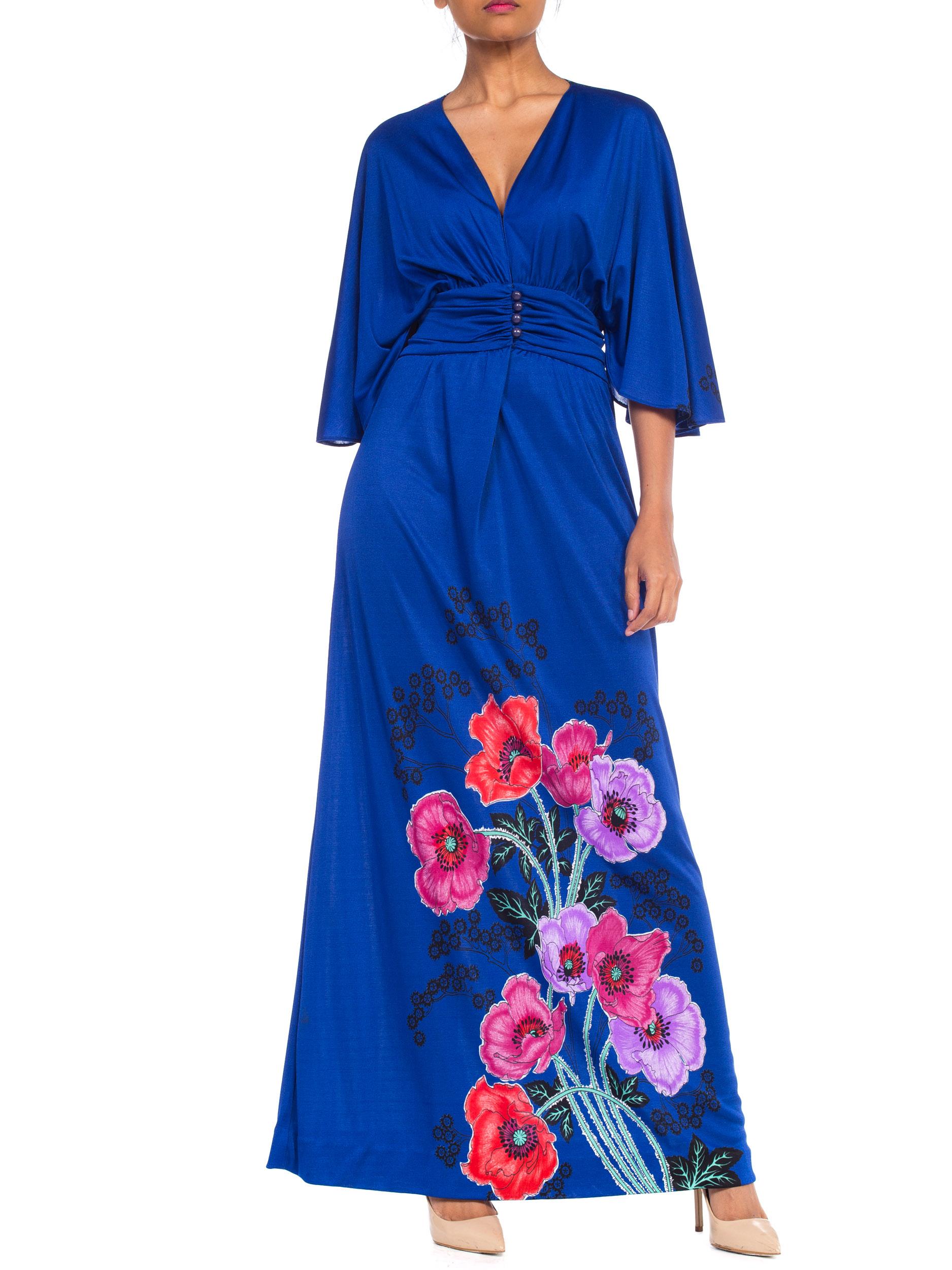 1970S GIORGIO BEVERLY HILLLS Cobalt Blue Polyester Jersey Low Cut Disco Dress 11