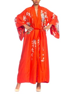 1960S Red Chrysanthemum Print Japanese Silk Kimono