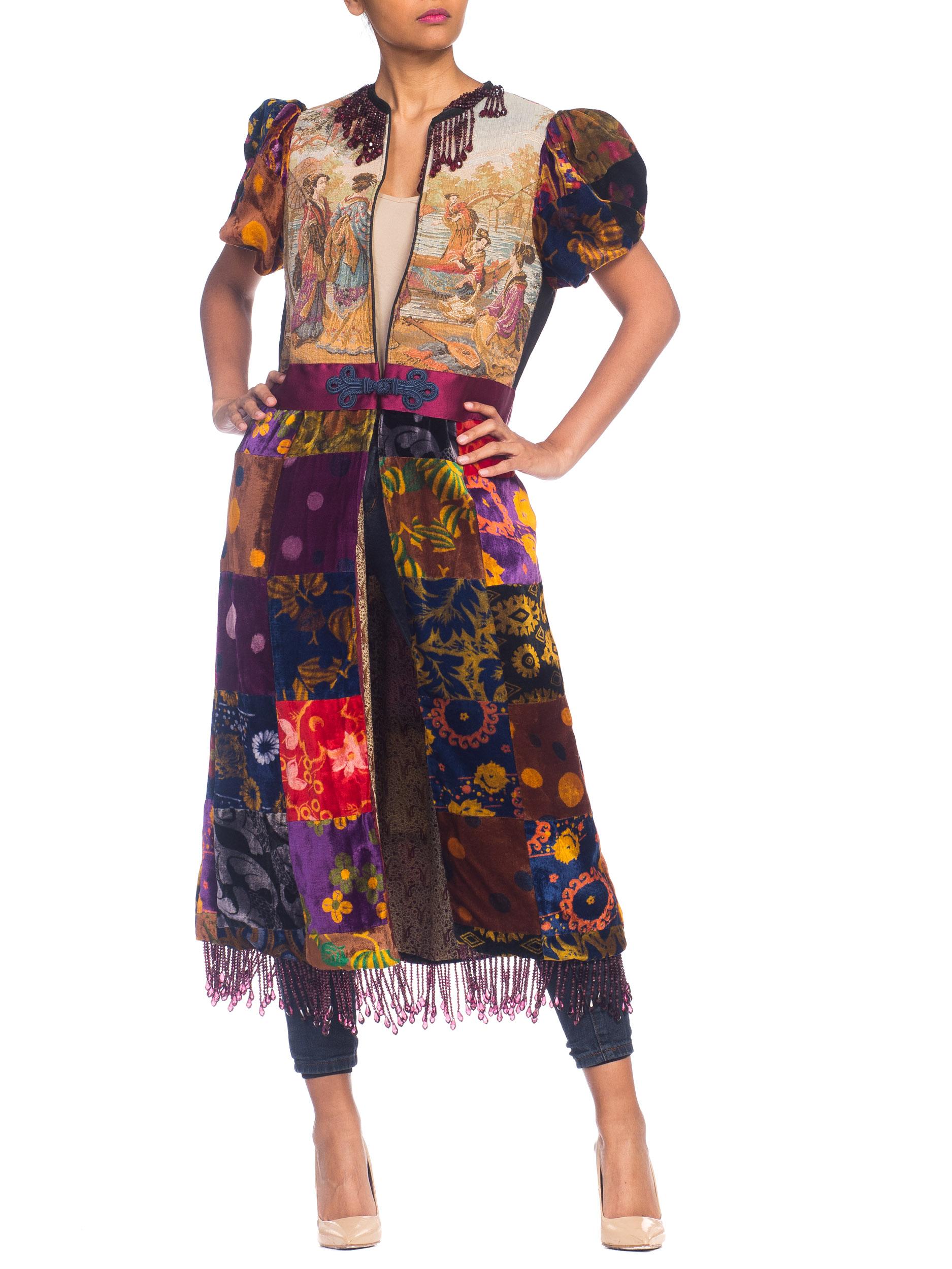 Women's MORPHEW COLLECTION 1970S Patchwork Velvet & Japanese Musicians Tapestry Duster  For Sale