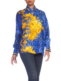1990S GIANNI VERSACE Blue Silk Baroque Leopard Print Shirt With Gold Buttons