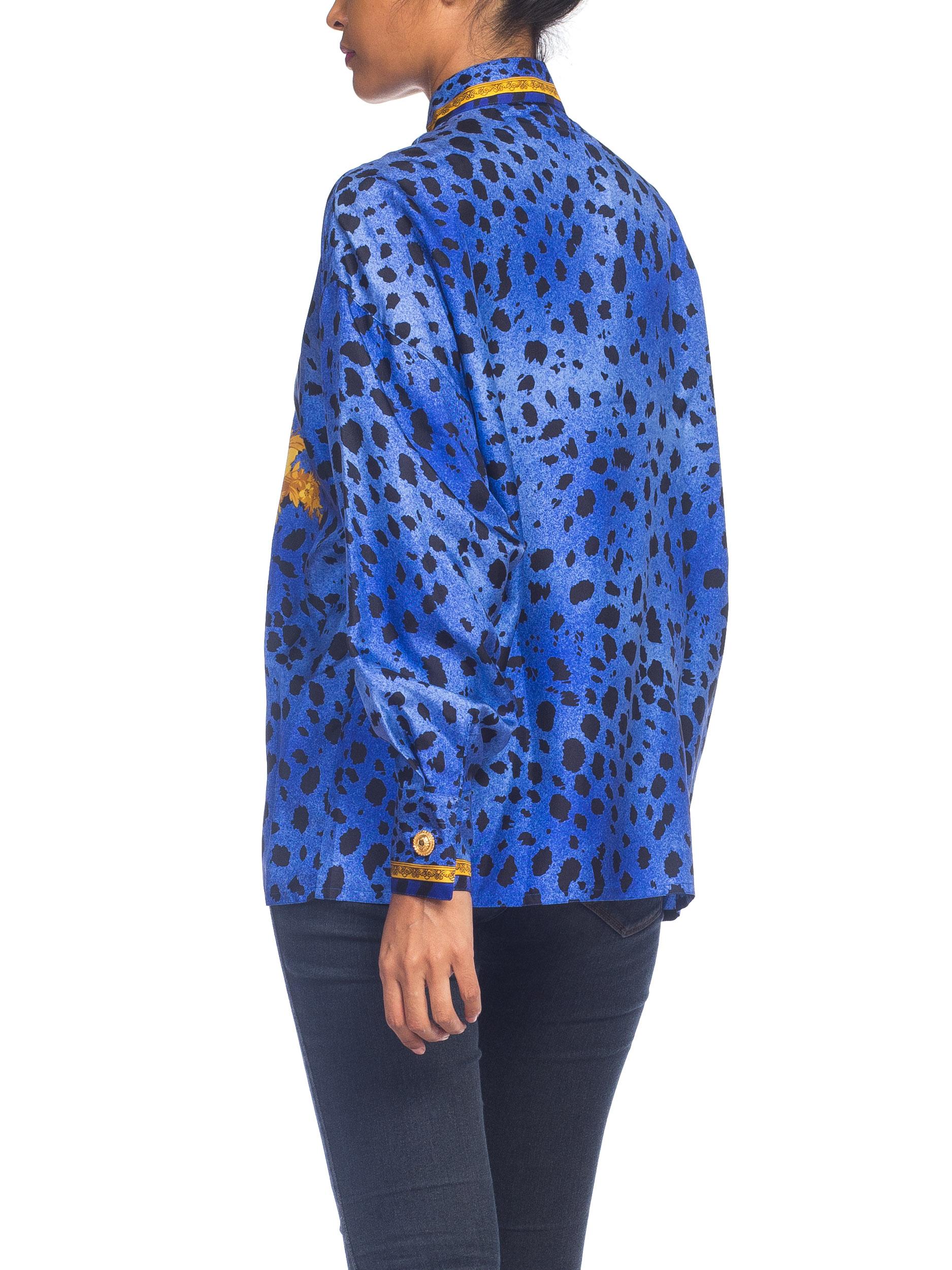 Women's 1990S GIANNI VERSACE Blue Silk Baroque Leopard Print Shirt With Gold Buttons For Sale