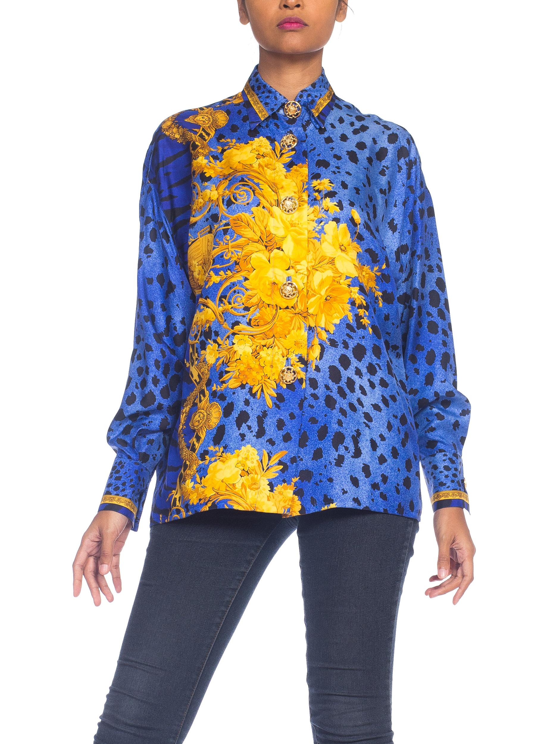 1990S GIANNI VERSACE Blue Silk Baroque Leopard Print Shirt With Gold Buttons For Sale 5
