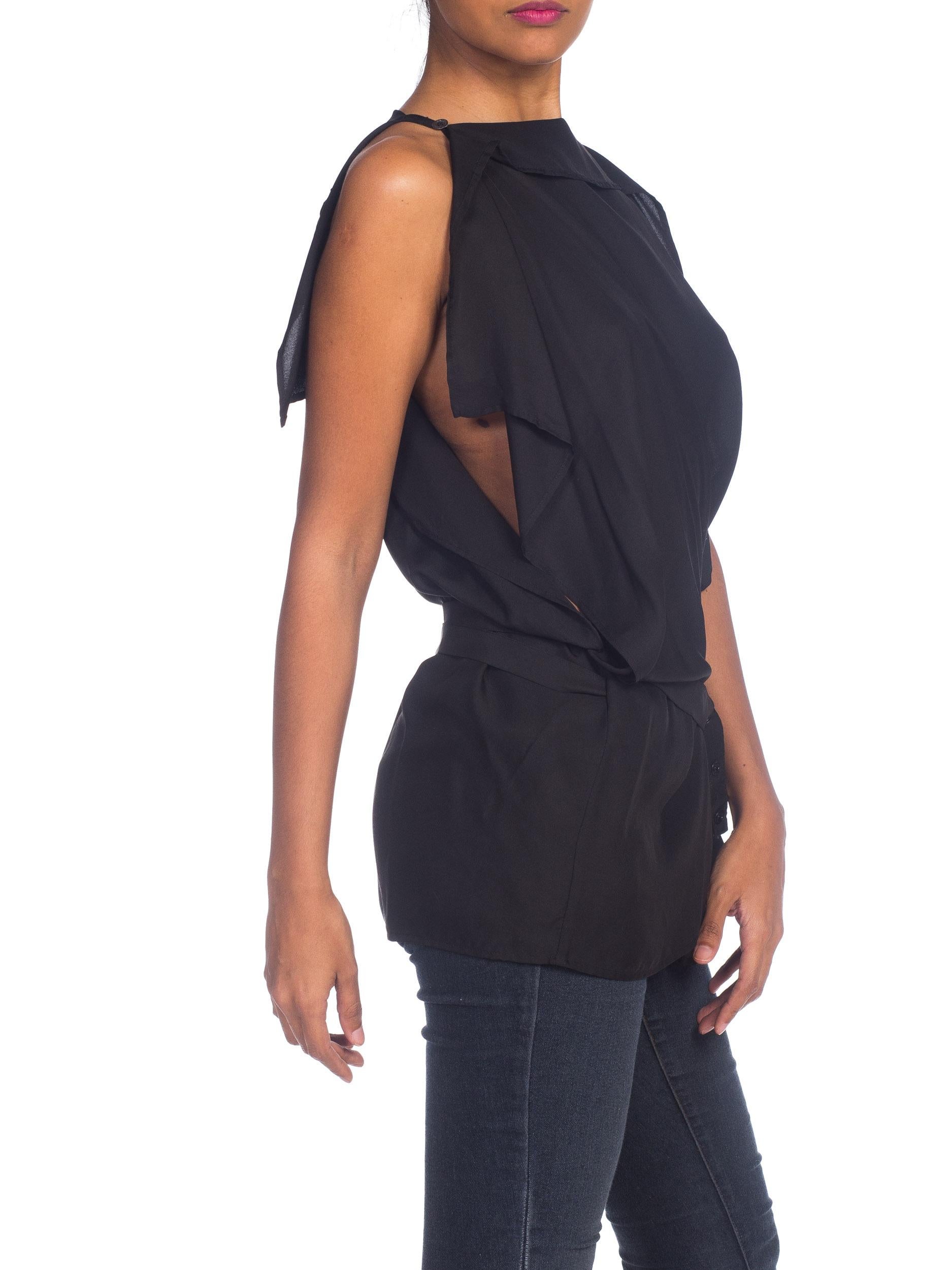 1990S ANN DEMEULEMEESTER Black Silk Crepe De Chine Asymmetrical Scarf Wrap Top In Excellent Condition In New York, NY