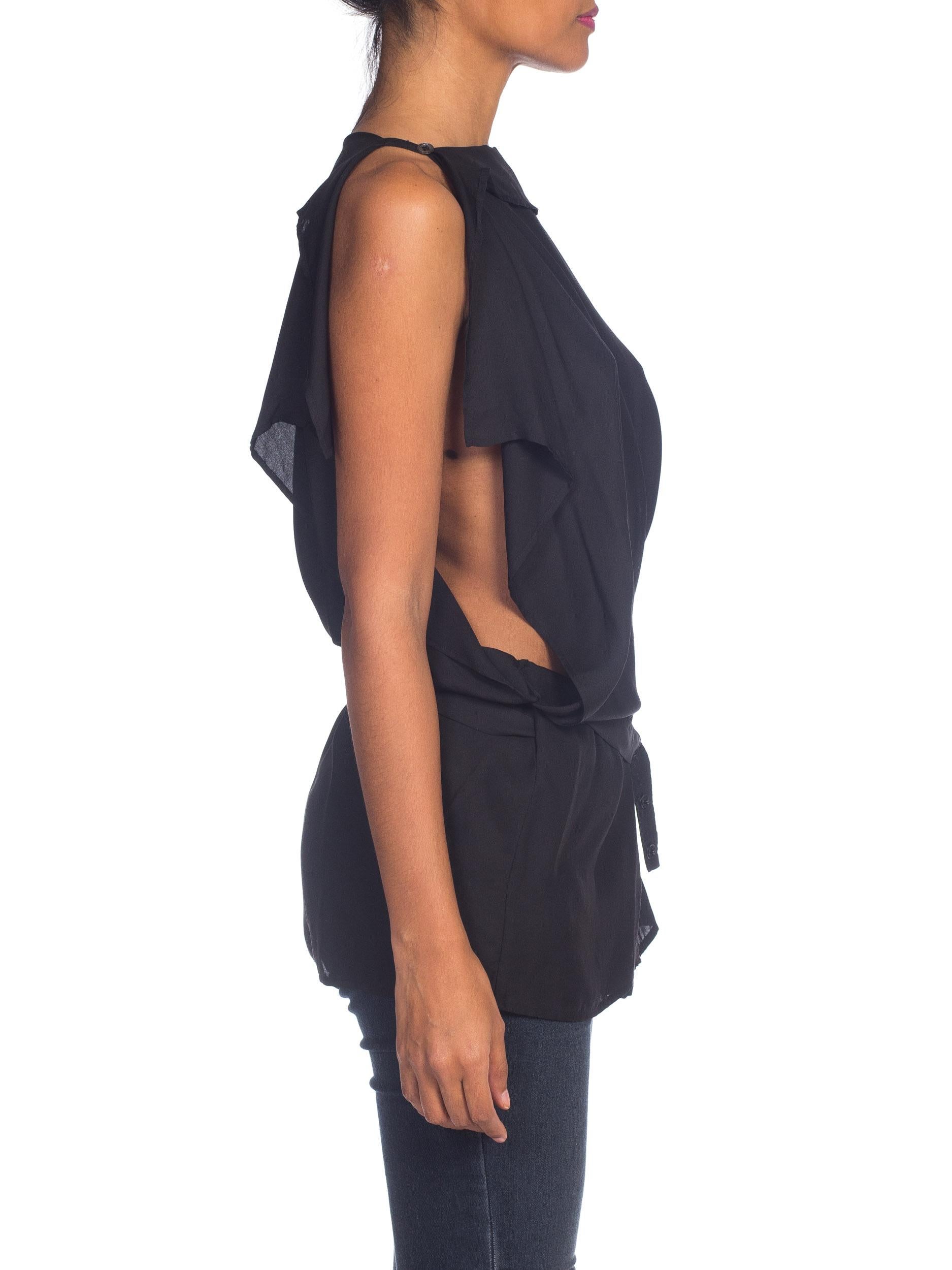 Women's 1990S ANN DEMEULEMEESTER Black Silk Crepe De Chine Asymmetrical Scarf Wrap Top