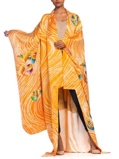 Hand Embroidered Japanese Silk Kimono In Orange With With Birds & Waves