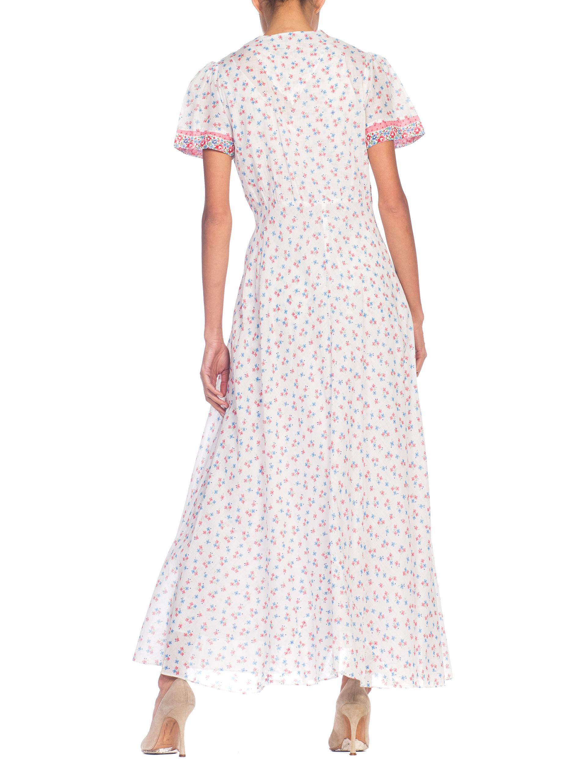 Women's 1930S Pink & Blue Floral Cotton Voile Bias Cut Negligee Slip Dress Robe For Sale