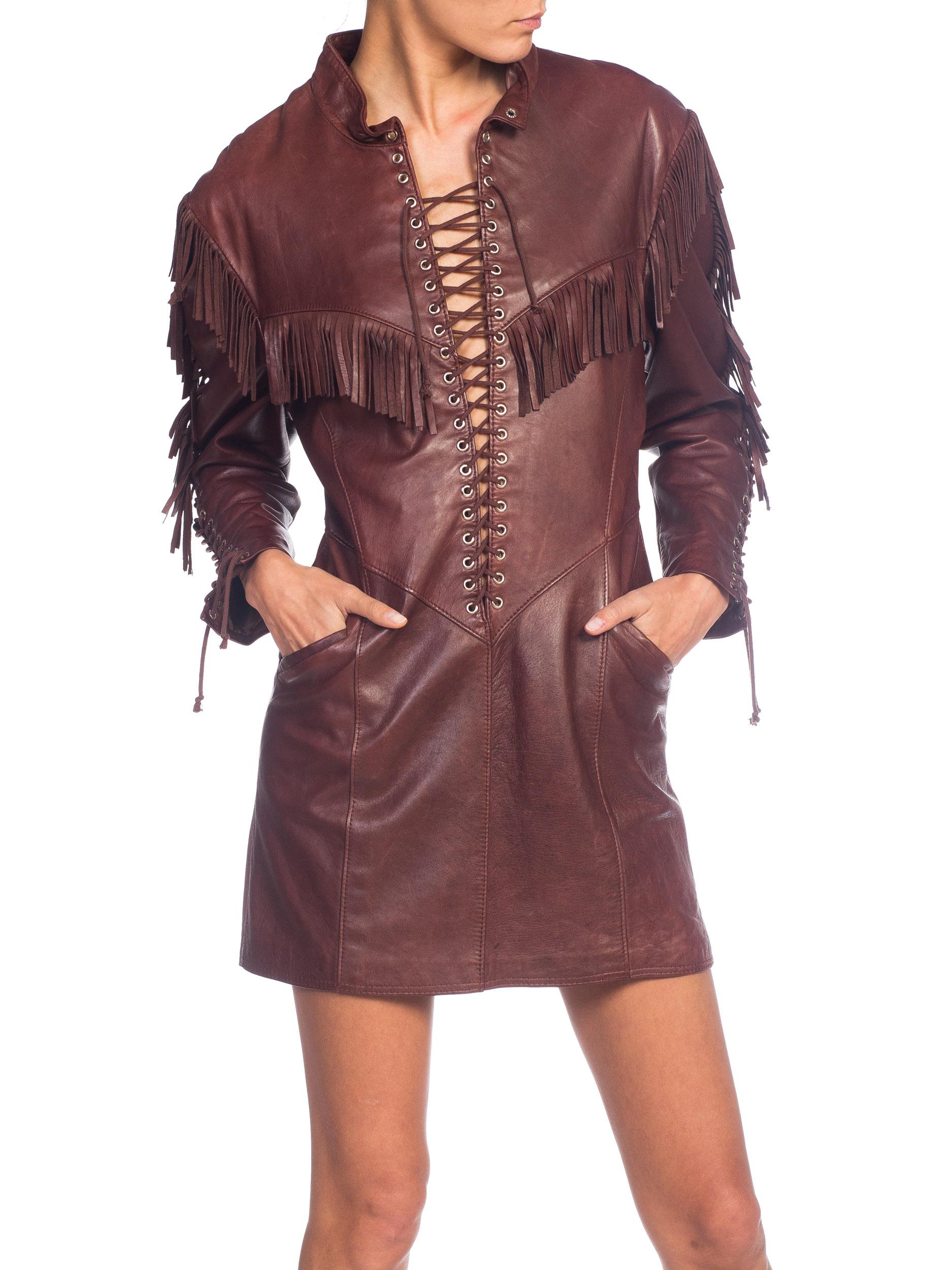 1980s Western Cowgirl Leather Dress With Fringe  In Good Condition In New York, NY