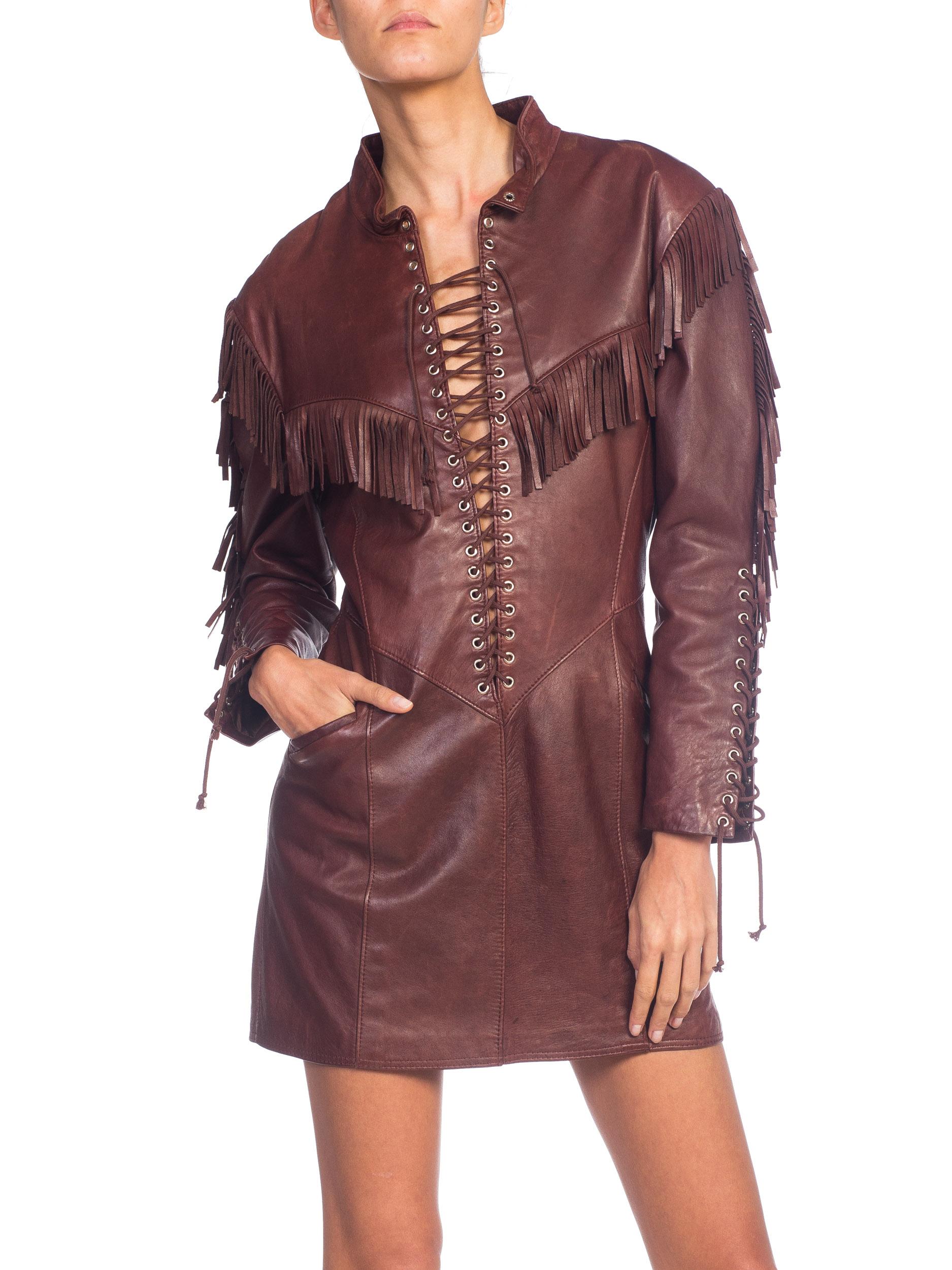 Women's 1980s Western Cowgirl Leather Dress With Fringe