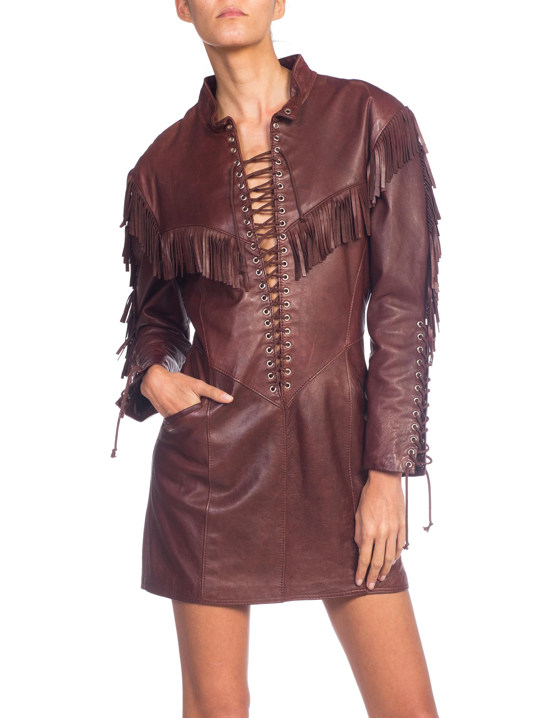 Women's 1980s Western Cowgirl Leather Dress With Fringe 