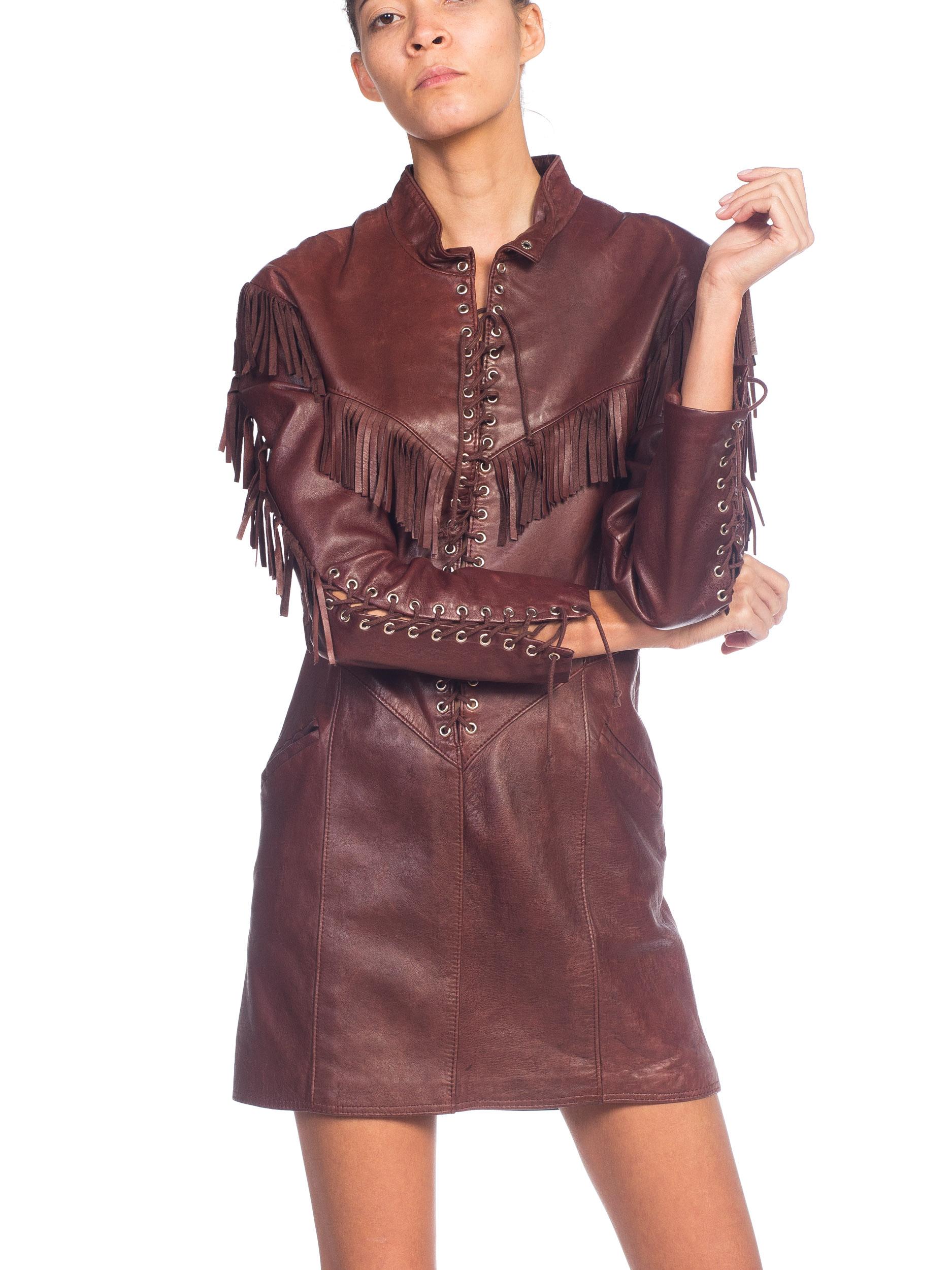 1980s Western Cowgirl Leather Dress With Fringe  1