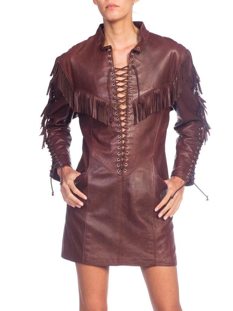 1980s Western Cowgirl Leather Dress With Fringe at 1stDibs
