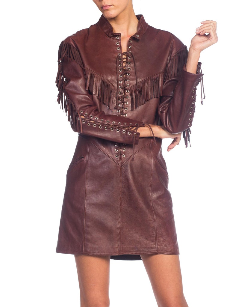 1980s Western Cowgirl Leather Dress With Fringe at 1stDibs