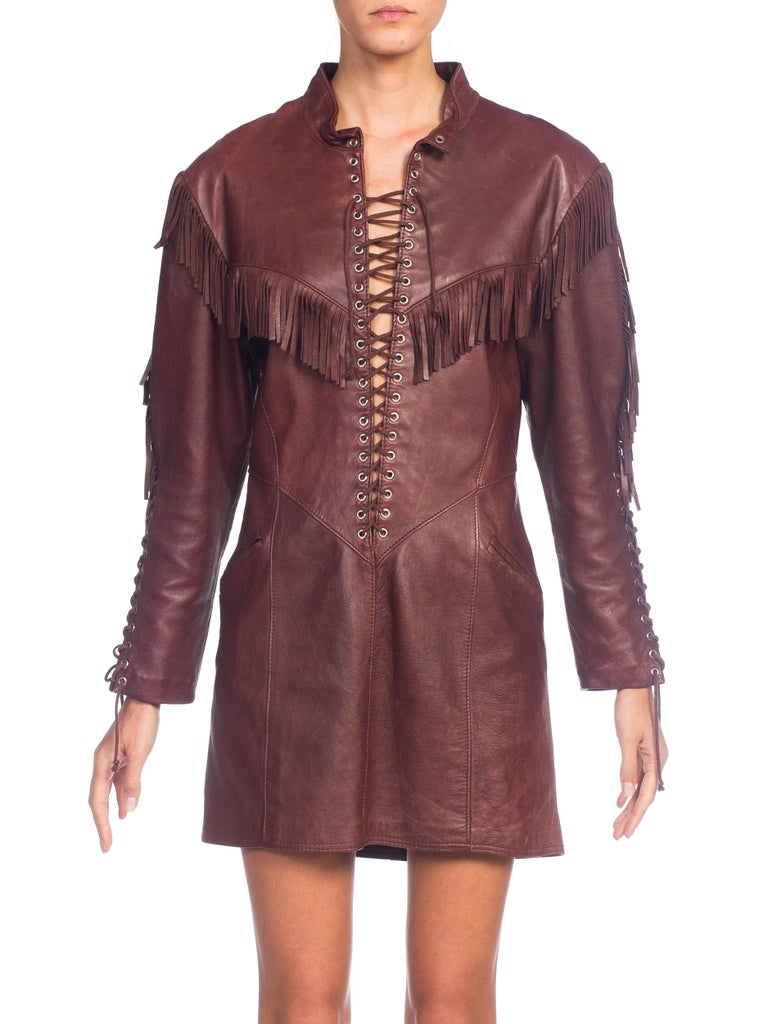1980s Western Cowgirl Leather Dress With Fringe at 1stDibs
