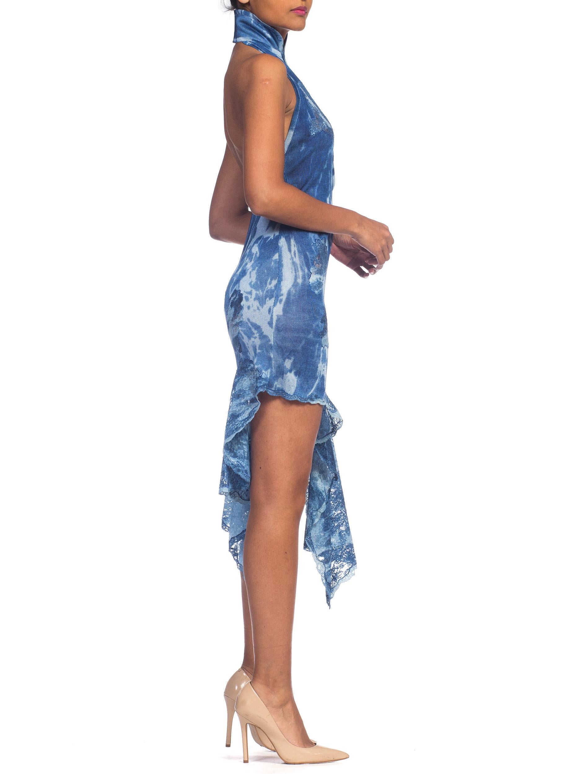 Blue Galliano Dior Hand Tie Dyed Jersey Dress With Lace 