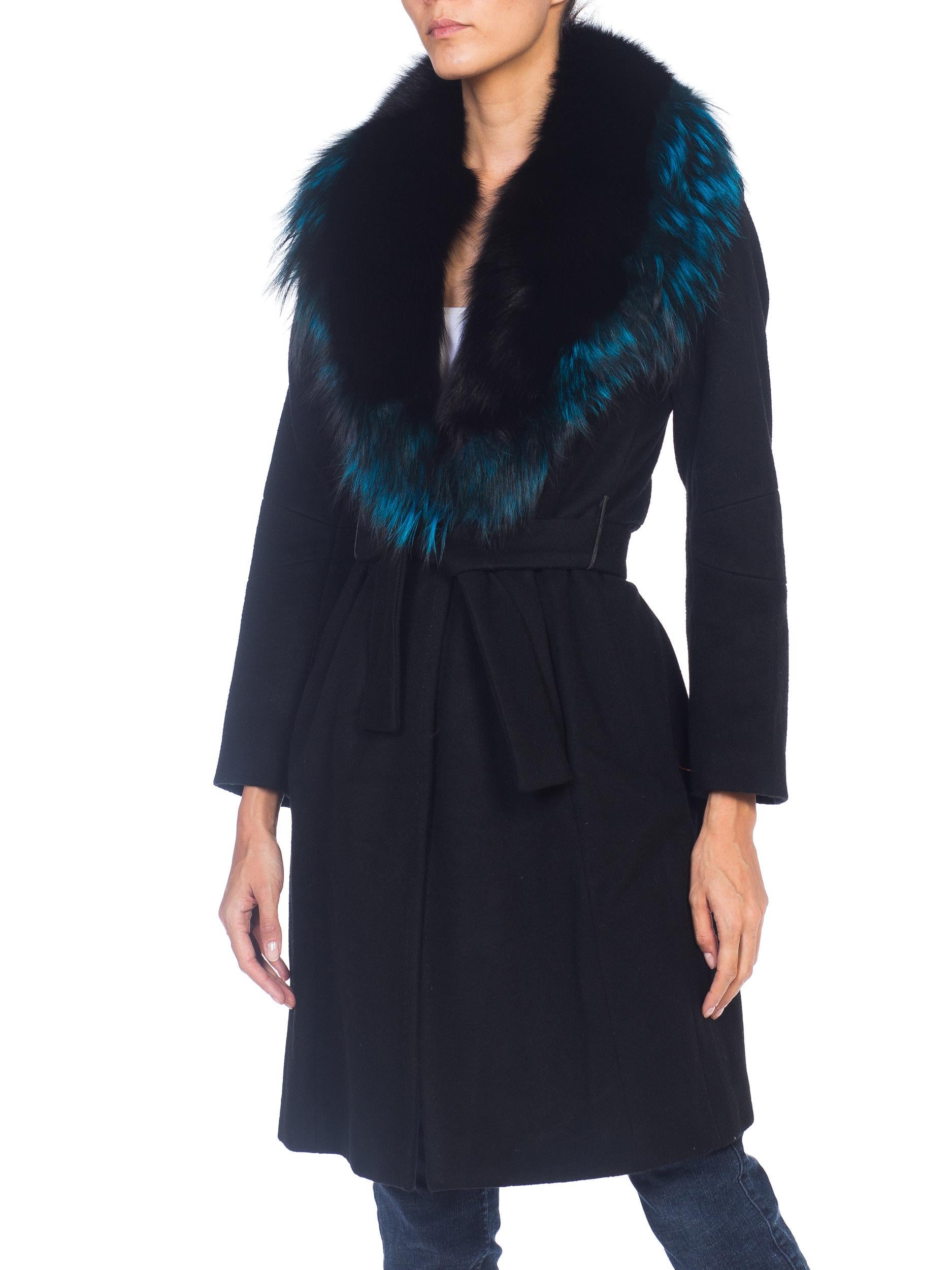 Black 1990s Roberto Cavalli Italian Wool Coat With Blue Fox Collar 