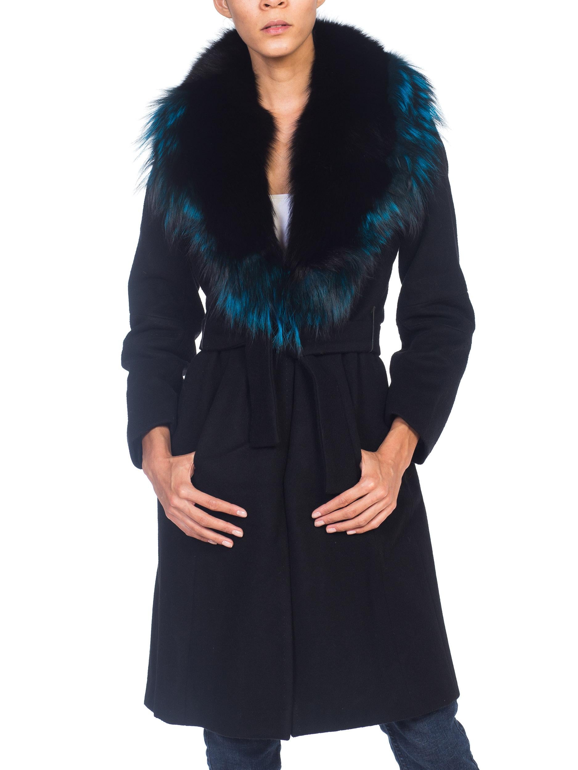 1990s Roberto Cavalli Italian Wool Coat With Blue Fox Collar  In Good Condition In New York, NY