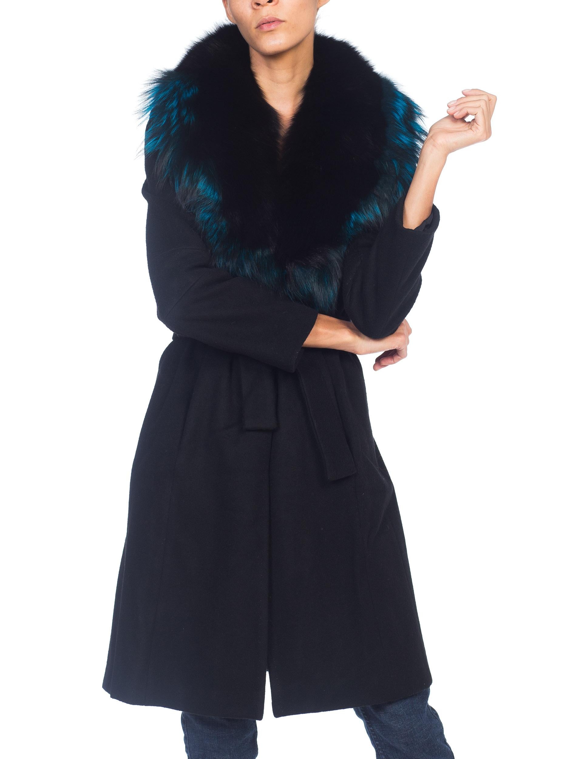 Women's 1990s Roberto Cavalli Italian Wool Coat With Blue Fox Collar 