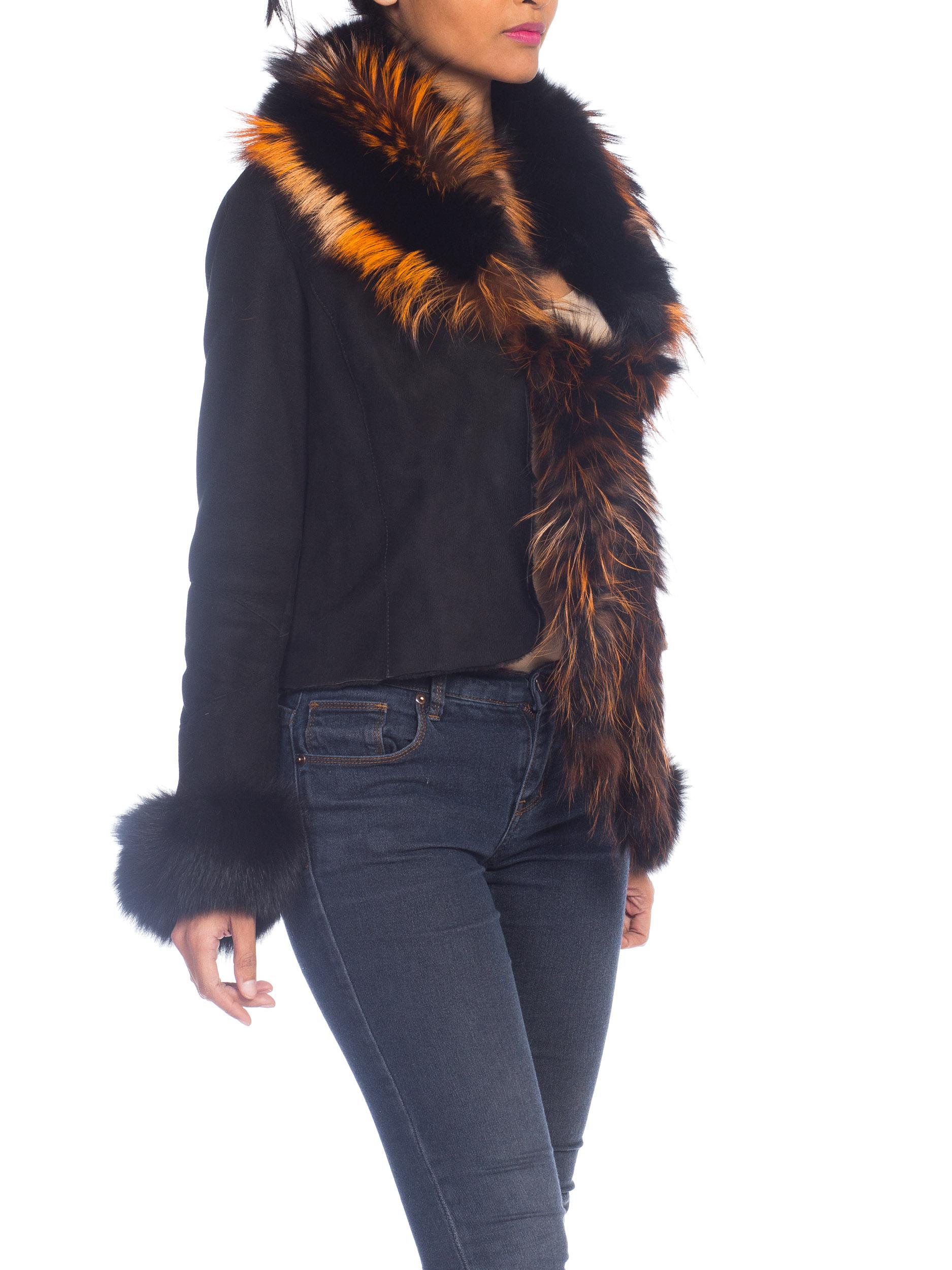 1990s Roberto Cavalli Shearling Jacket With Orange Fox Fur Collar NWT In New Condition In New York, NY