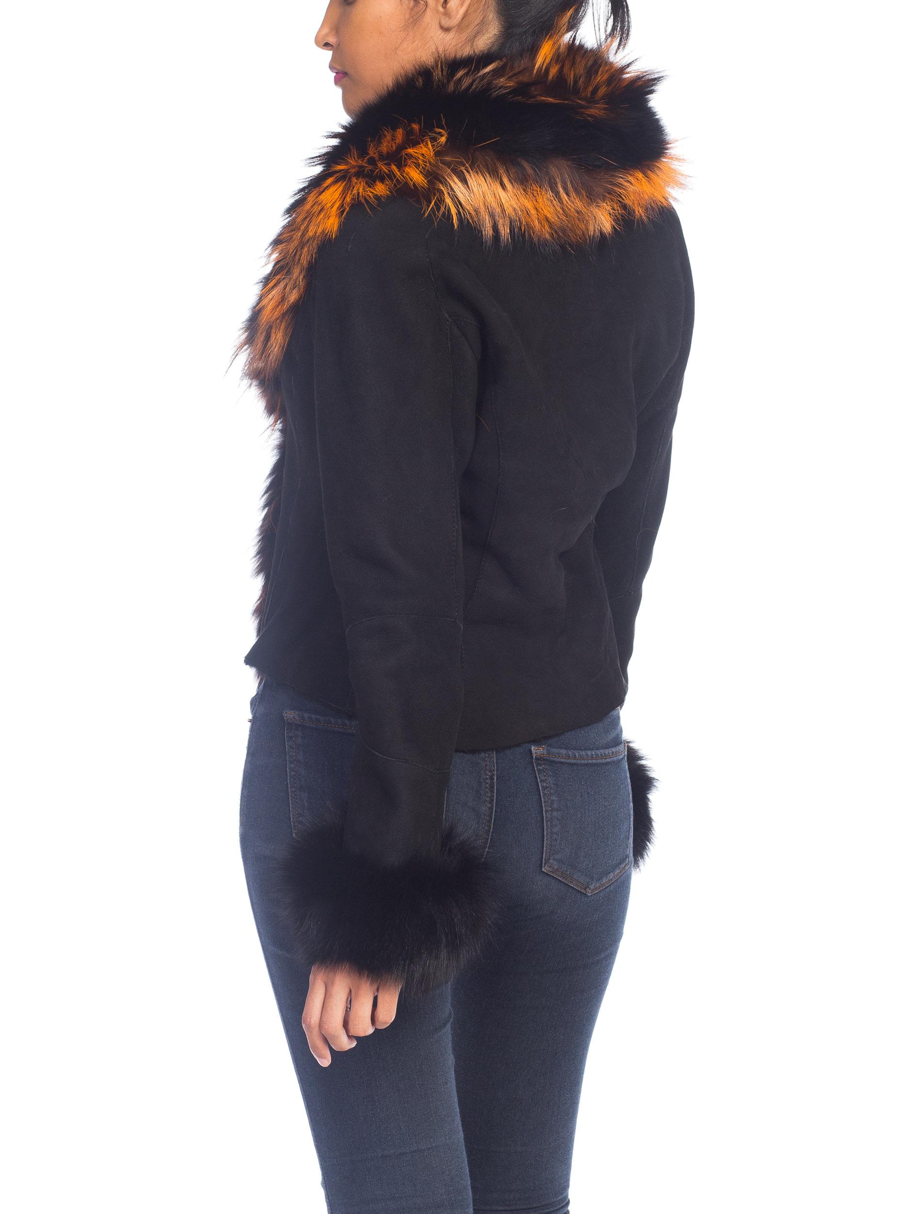 1990s Roberto Cavalli Shearling Jacket With Orange Fox Fur Collar NWT 2