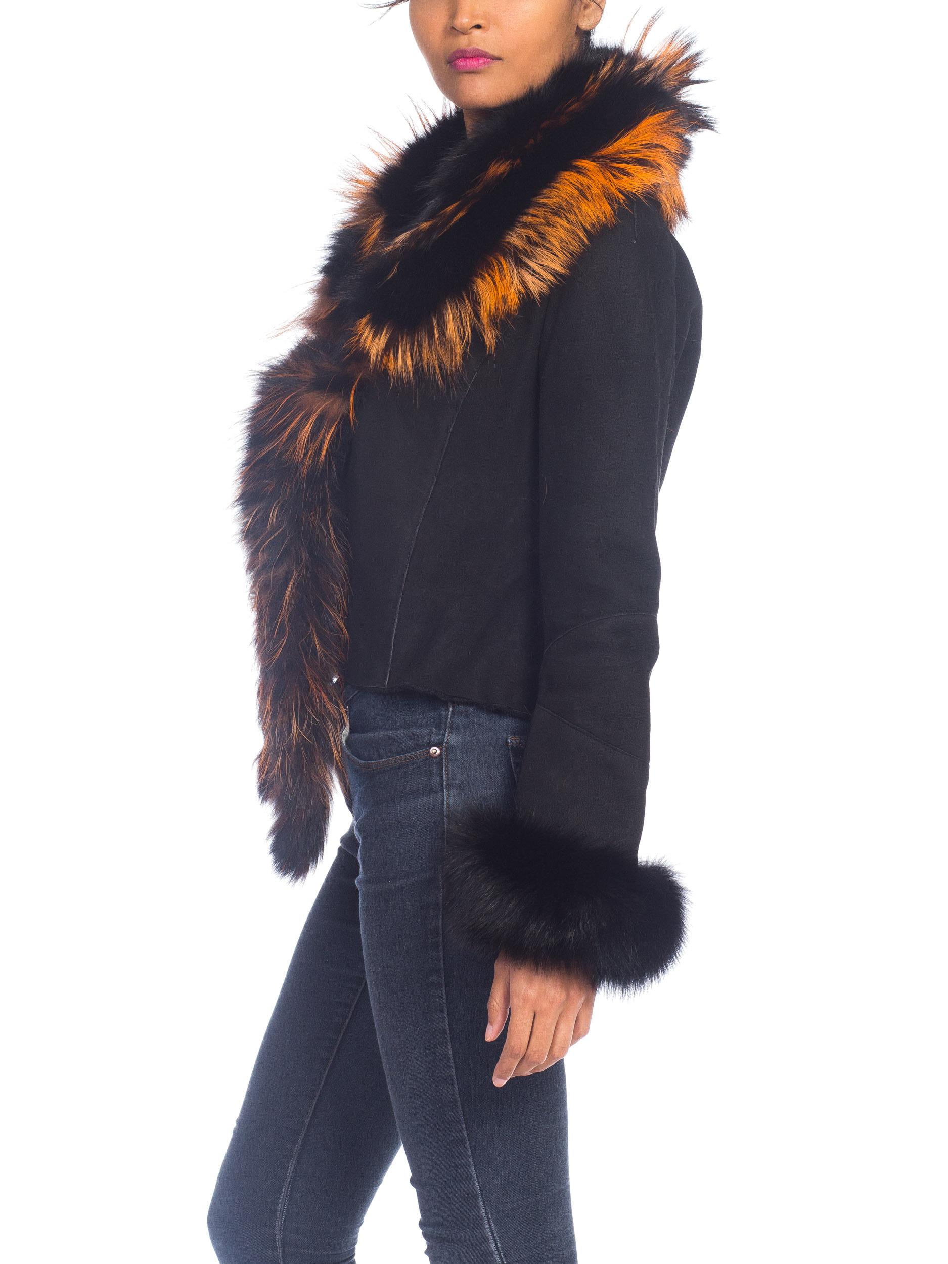 1990s Roberto Cavalli Shearling Jacket With Orange Fox Fur Collar NWT 3