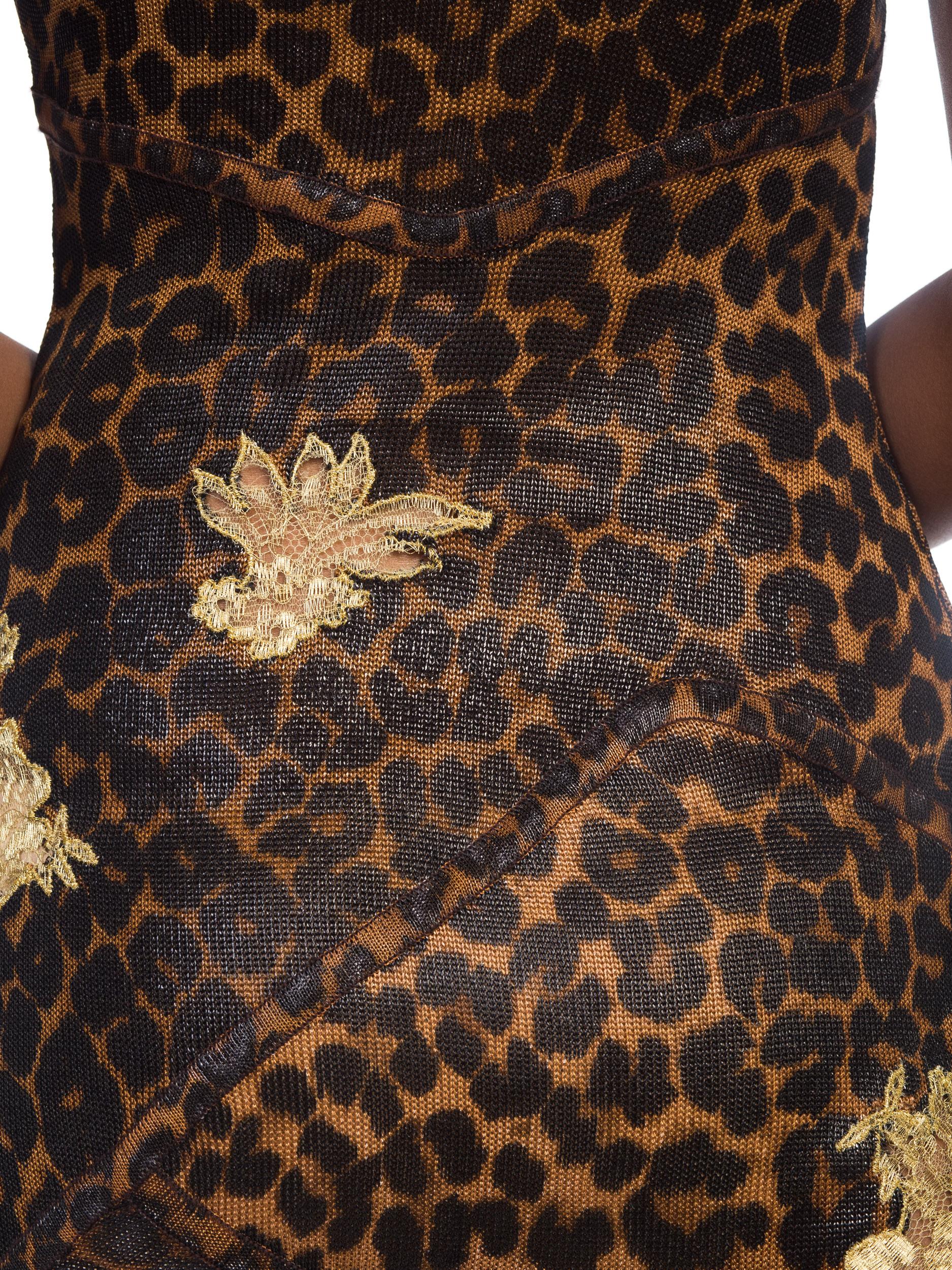 1990s Galliano Christian Dior Leopard Jersey Dress With Metallic Gold Lace 7