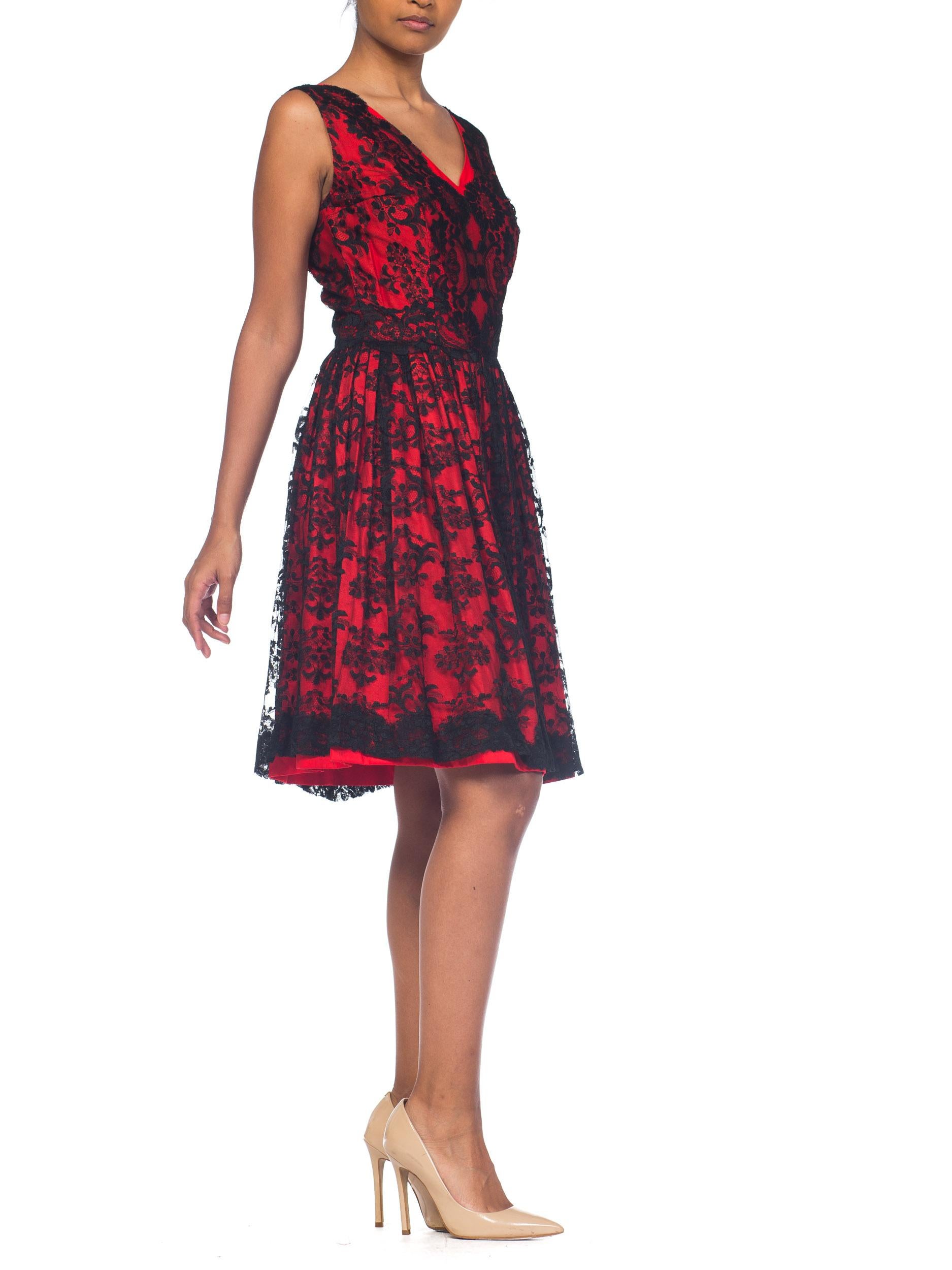 Brown 1950S Black & Red Cotton Sateen Chantilly Lace  Cocktail Dress