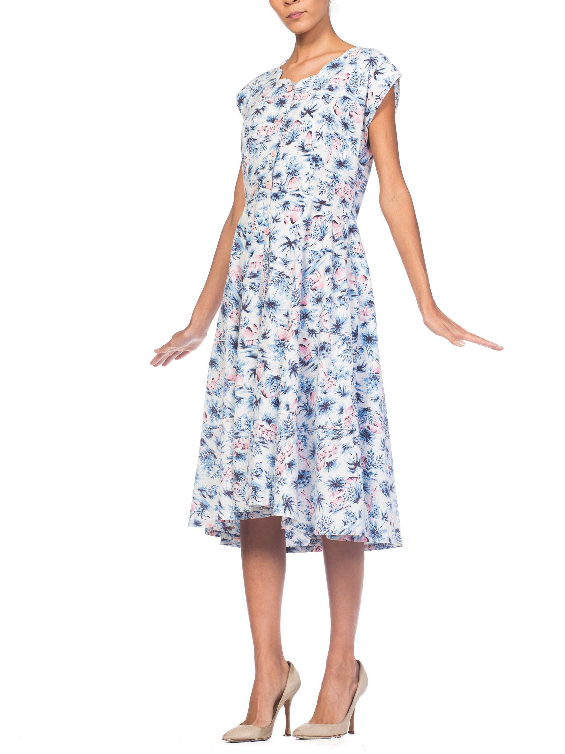 Gray 1940s Tropical Hawaiian Cotton Print Dress