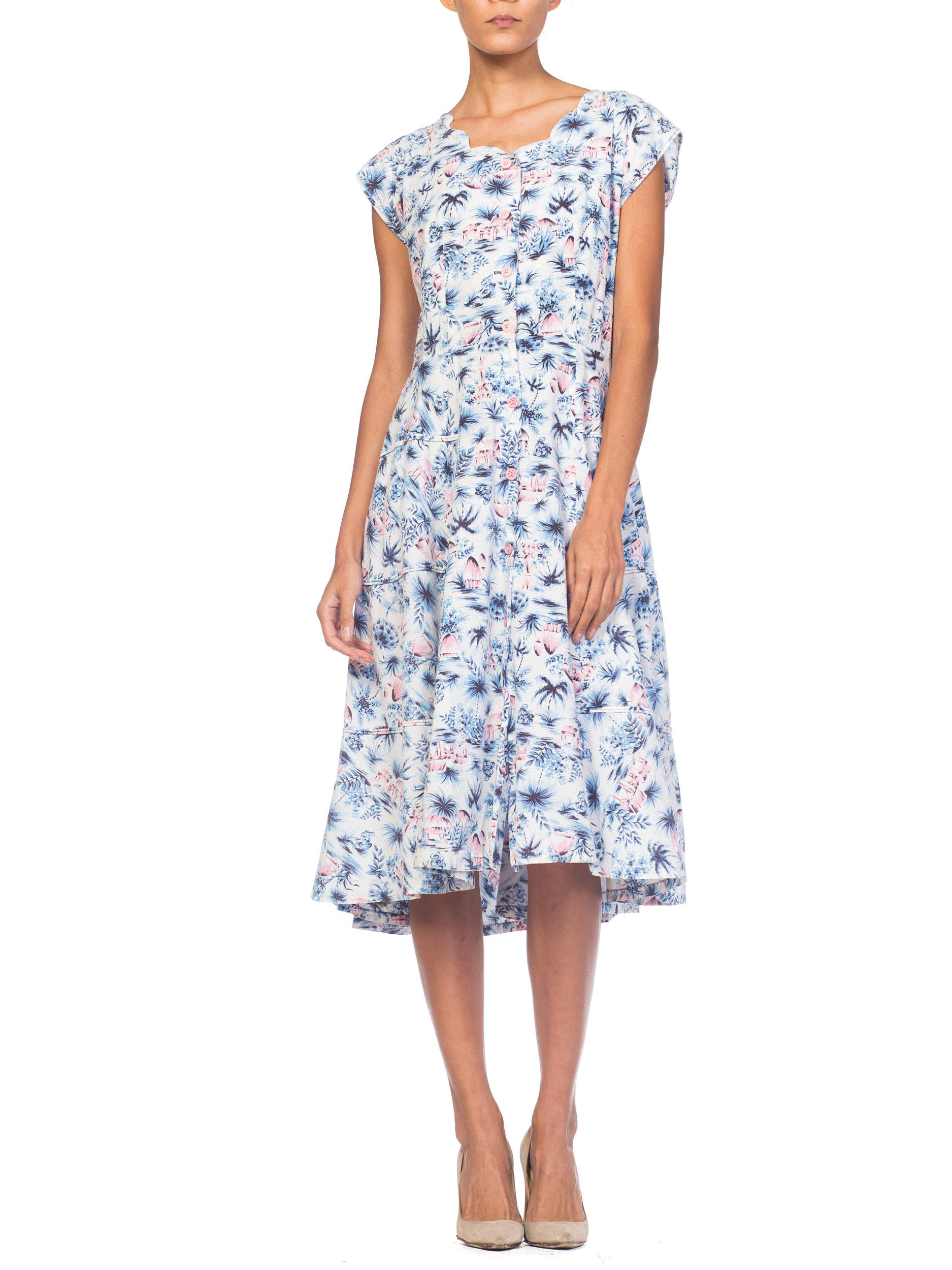1940s Tropical Hawaiian Cotton Print Dress im Zustand „Hervorragend“ in New York, NY
