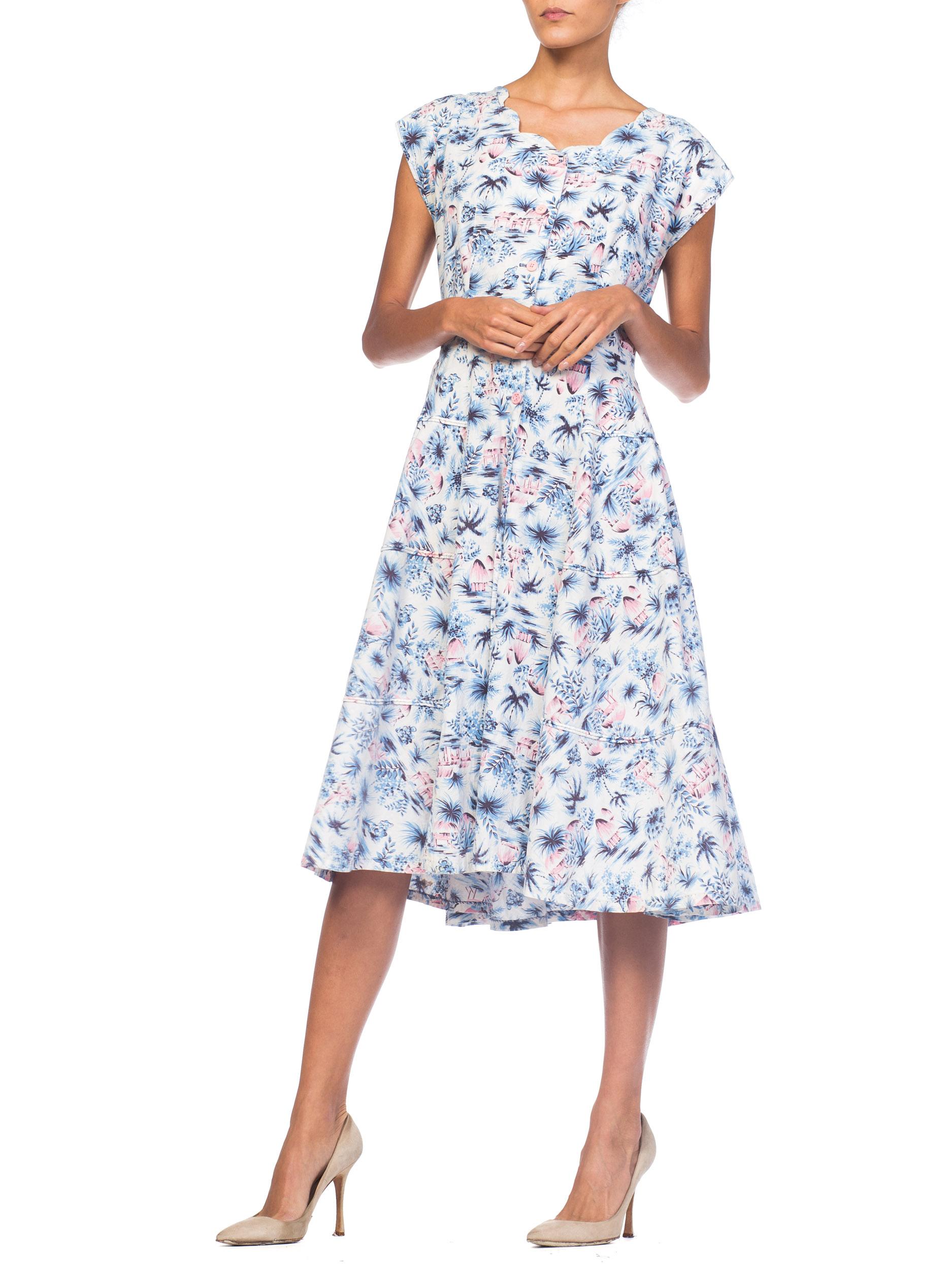 1940s Tropical Hawaiian Cotton Print Dress Damen