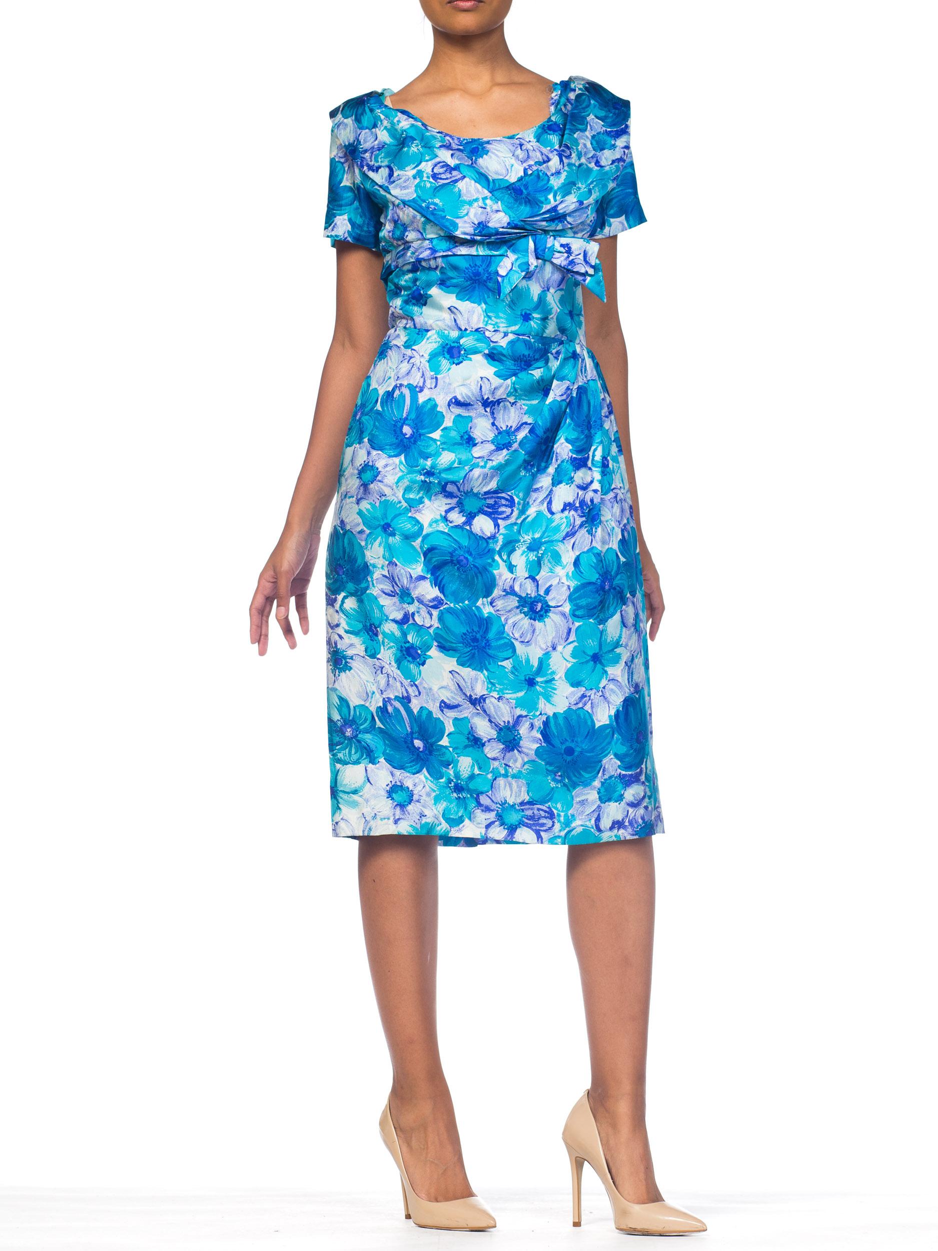 1950S Blau & Weiß Floral Seide Twill Classy Dorothy Draper Kleid