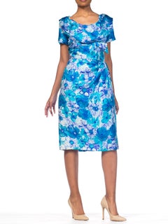 1950S Blue & White Floral Silk Twill Classy Dorothy Draper Dress