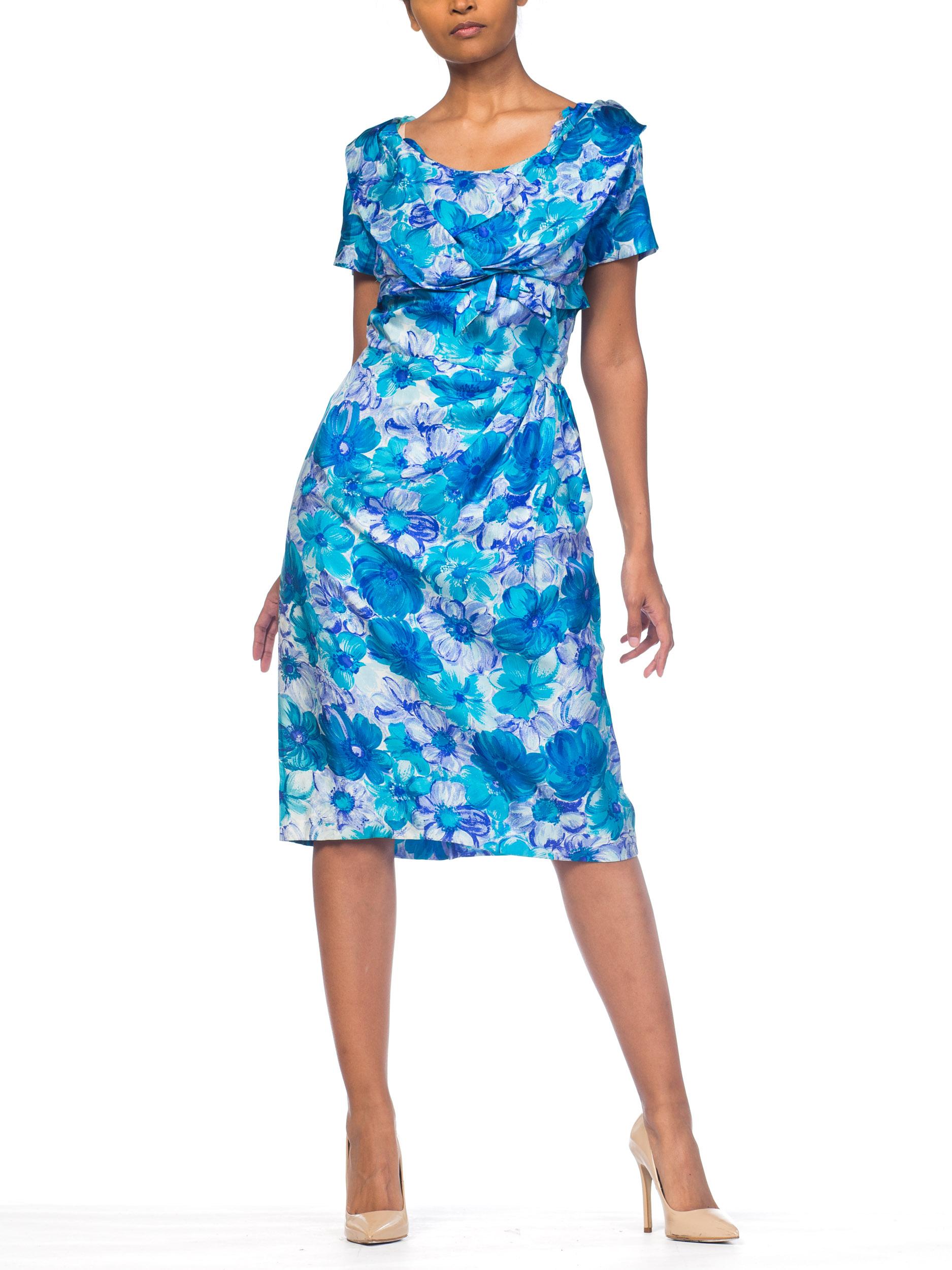 1950S Blue & White Floral Silk Twill Classy Dorothy Draper Dress For Sale 6