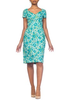 1950S Blue & Green Floral Cotton Dress With Draped Vava-Voom Neckline