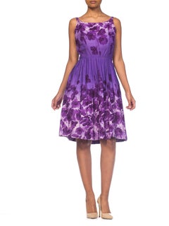 1950S Purple Cotton Floral Dress With Pockets
