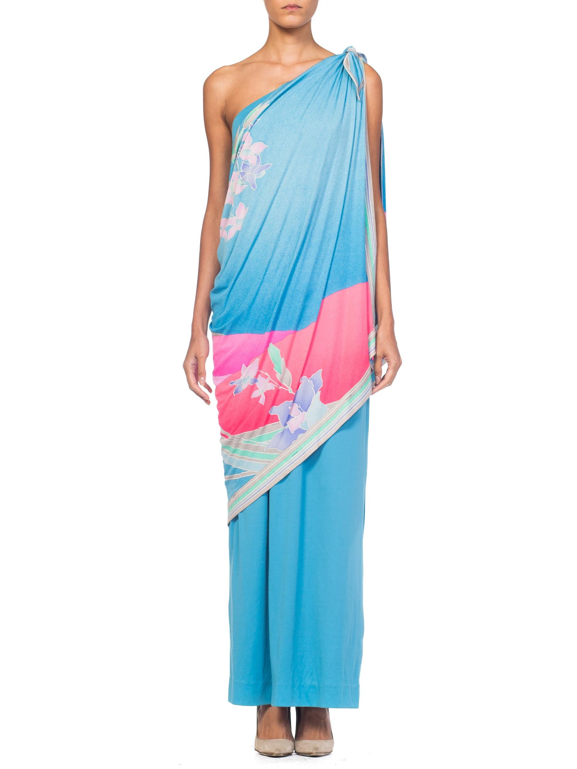 Blue 1970S LEONARD Aqua & Pink Silk Jersey Draped One Shoulder Tropical Floral Gown