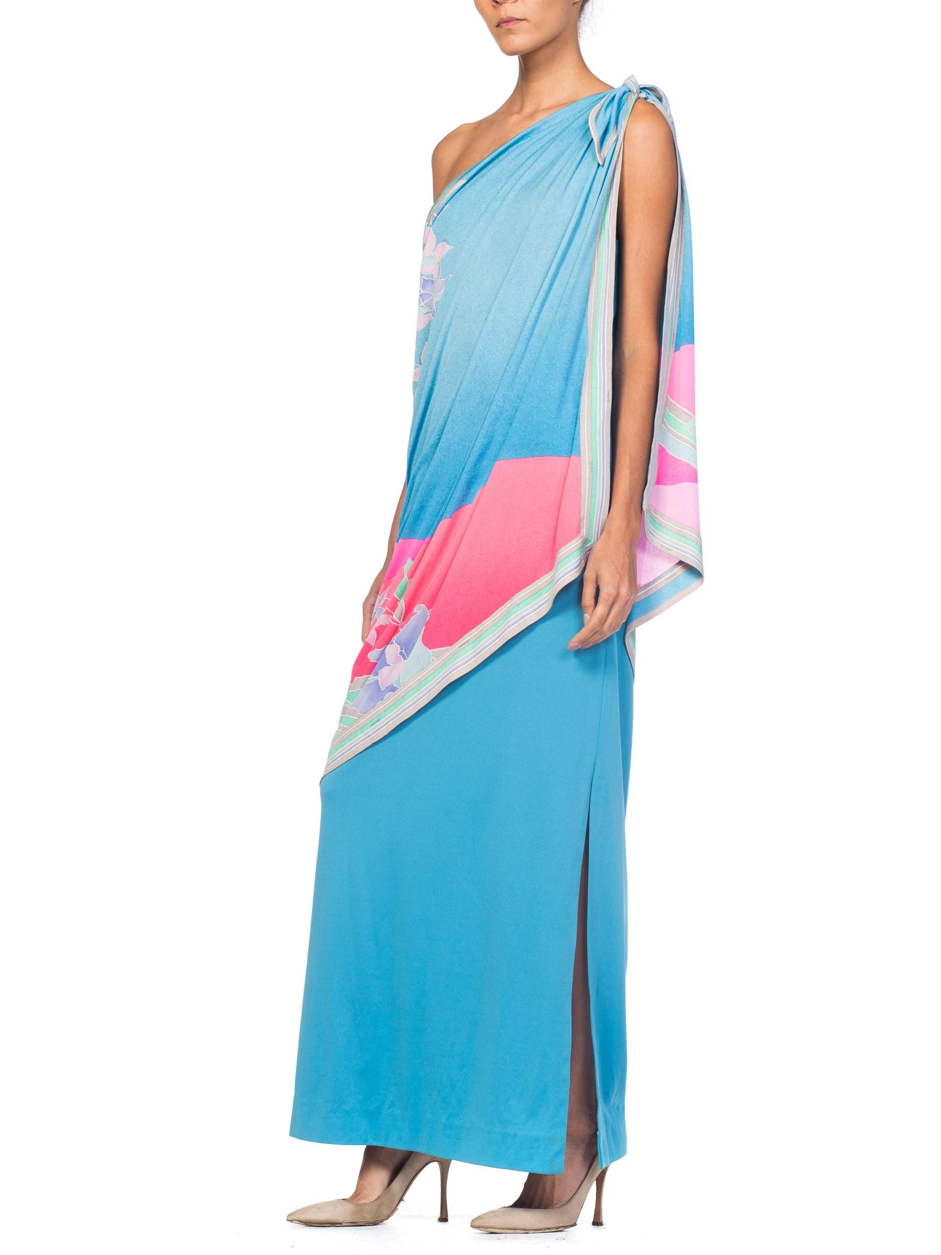 1970S LEONARD Aqua & Pink Silk Jersey Draped One Shoulder Tropical Floral Gown In Excellent Condition In New York, NY