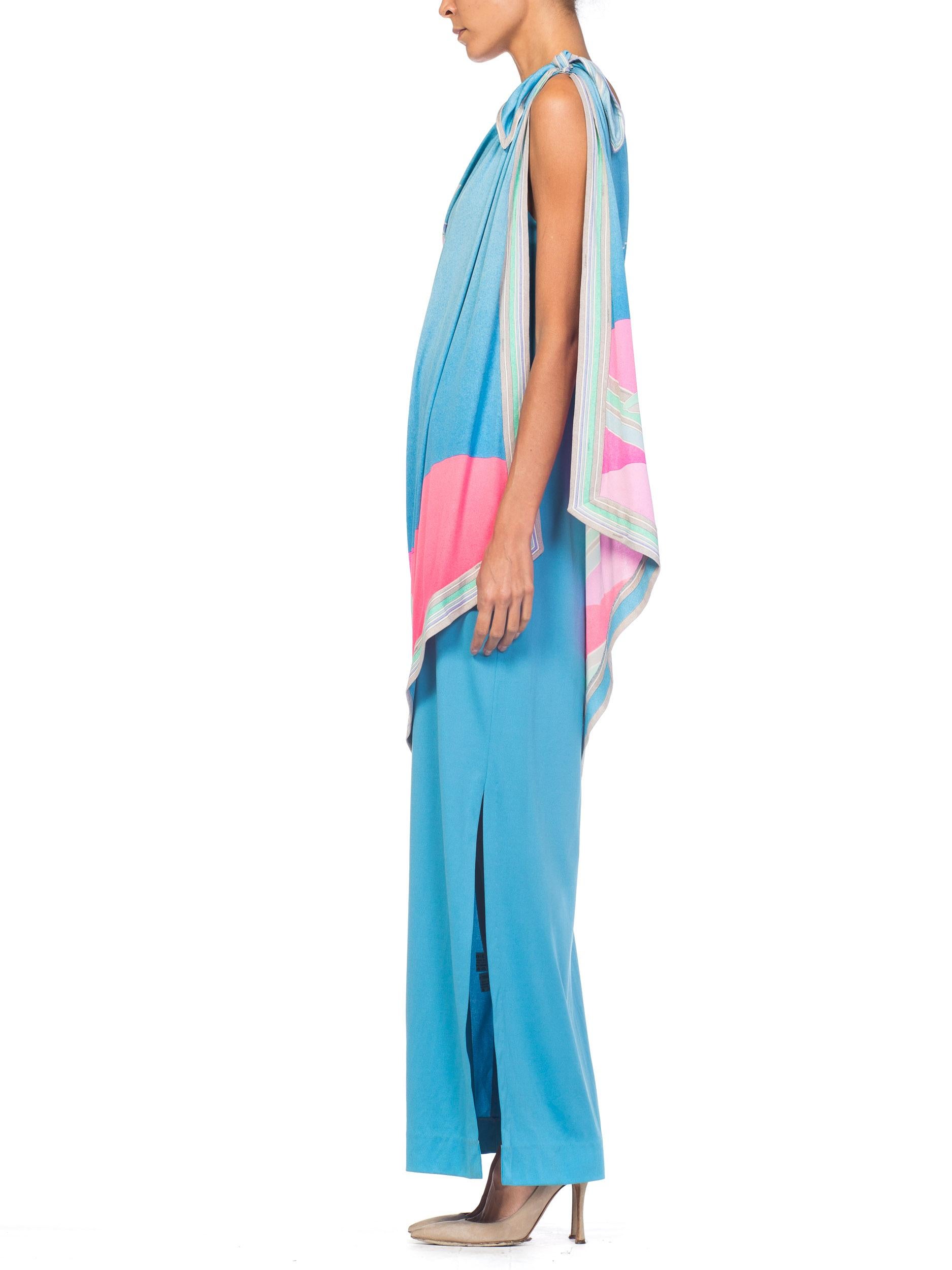 Women's 1970S LEONARD Aqua & Pink Silk Jersey Draped One Shoulder Tropical Floral Gown