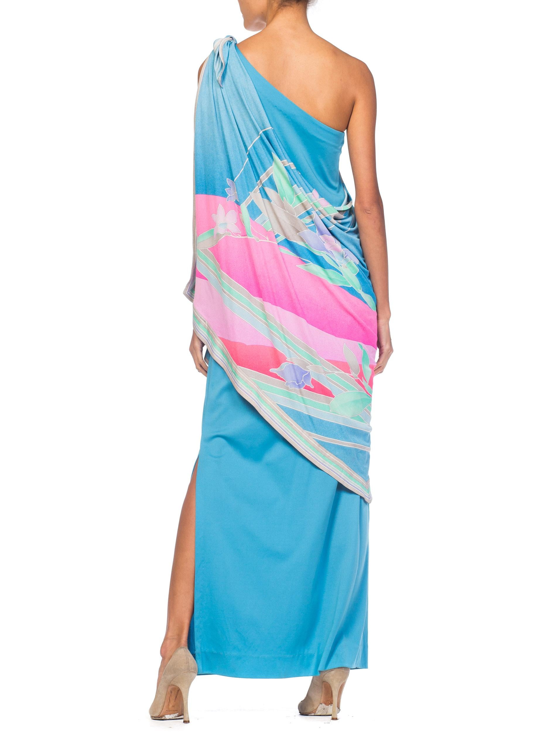 1970S LEONARD Aqua & Pink Silk Jersey Draped One Shoulder Tropical Floral Gown 1