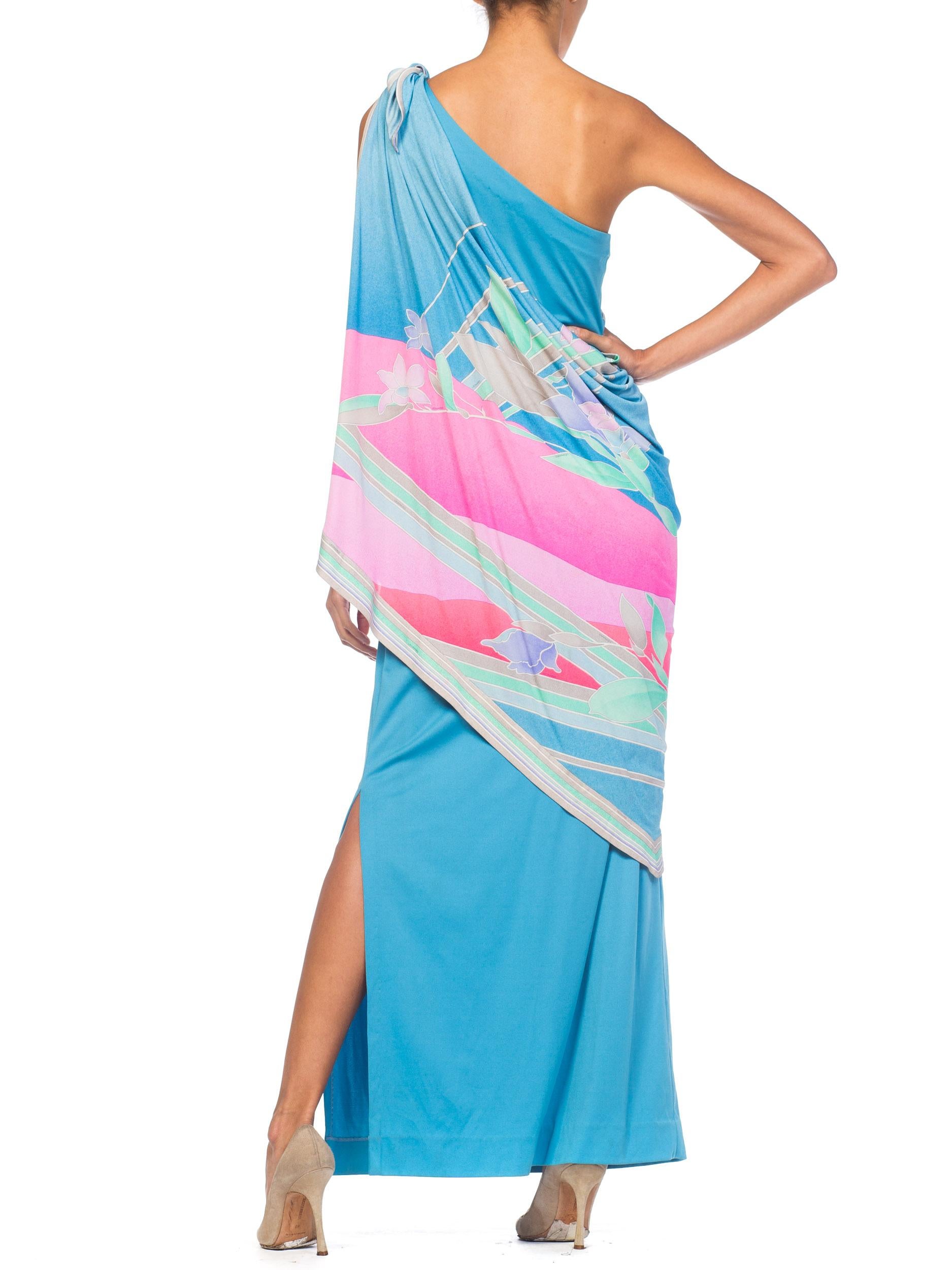 1970S LEONARD Aqua & Pink Silk Jersey Draped One Shoulder Tropical Floral Gown 2