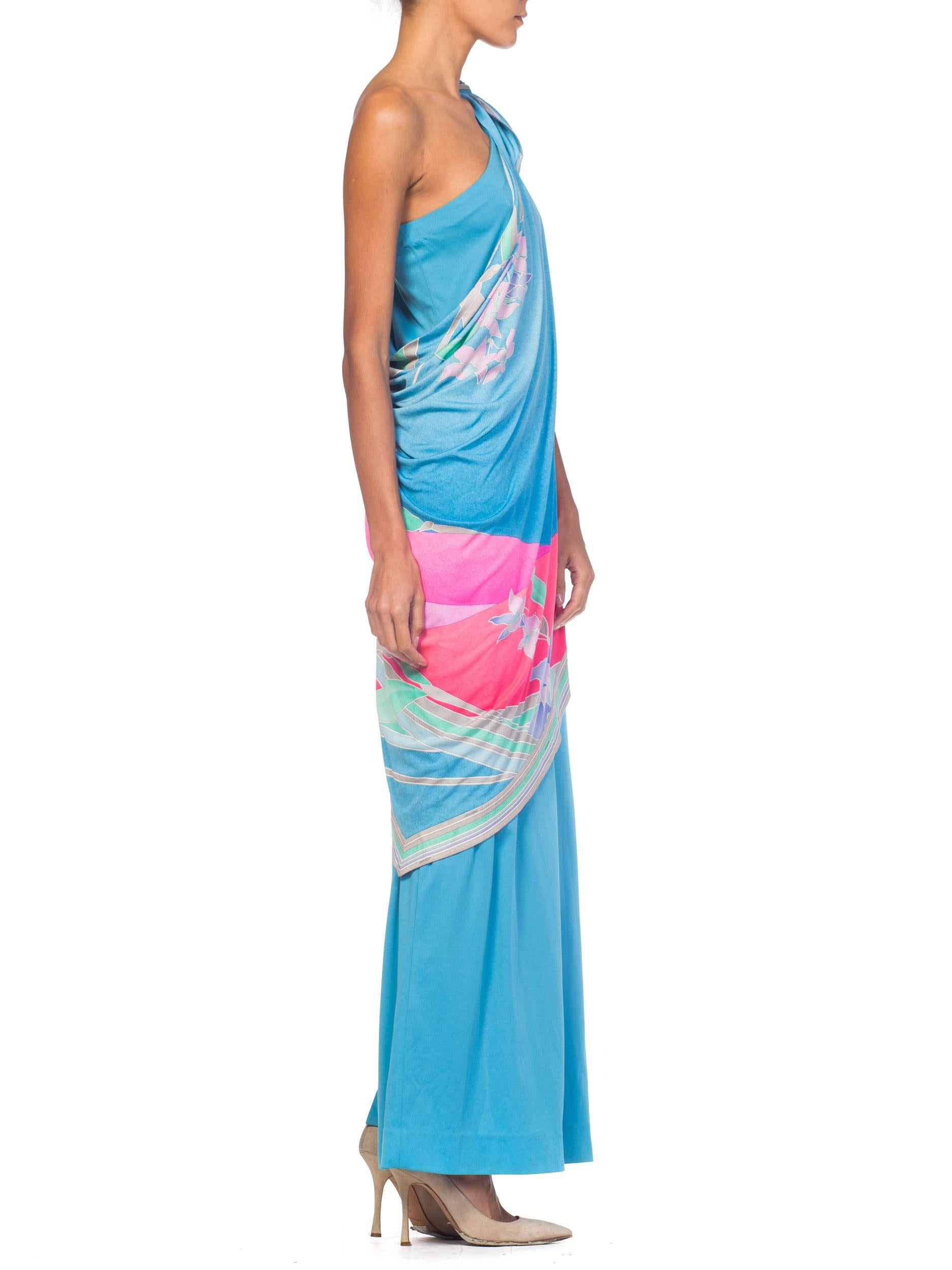 1970S LEONARD Aqua & Pink Silk Jersey Draped One Shoulder Tropical Floral Gown 3