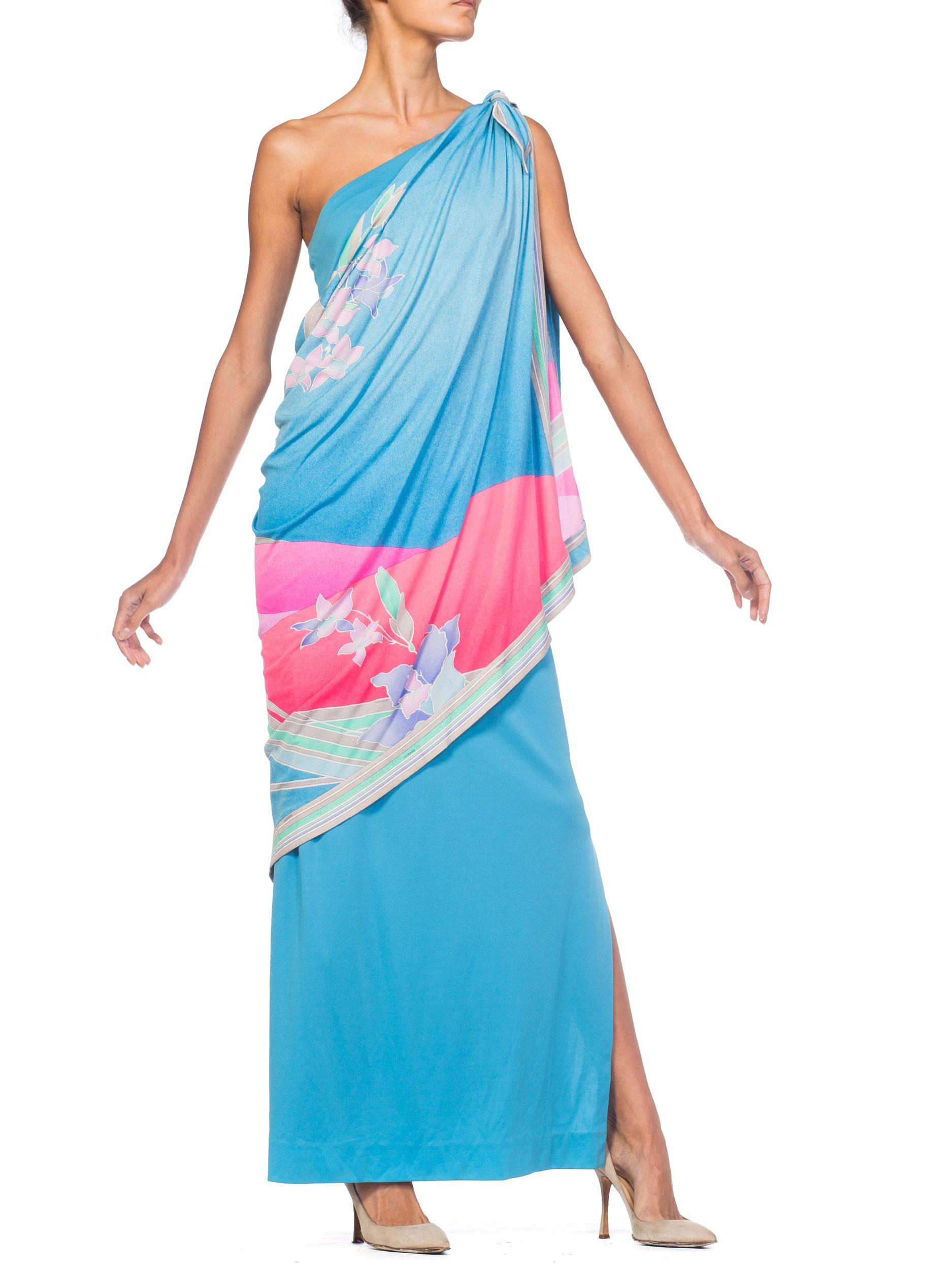 1970S LEONARD Aqua & Pink Silk Jersey Draped One Shoulder Tropical Floral Gown 4