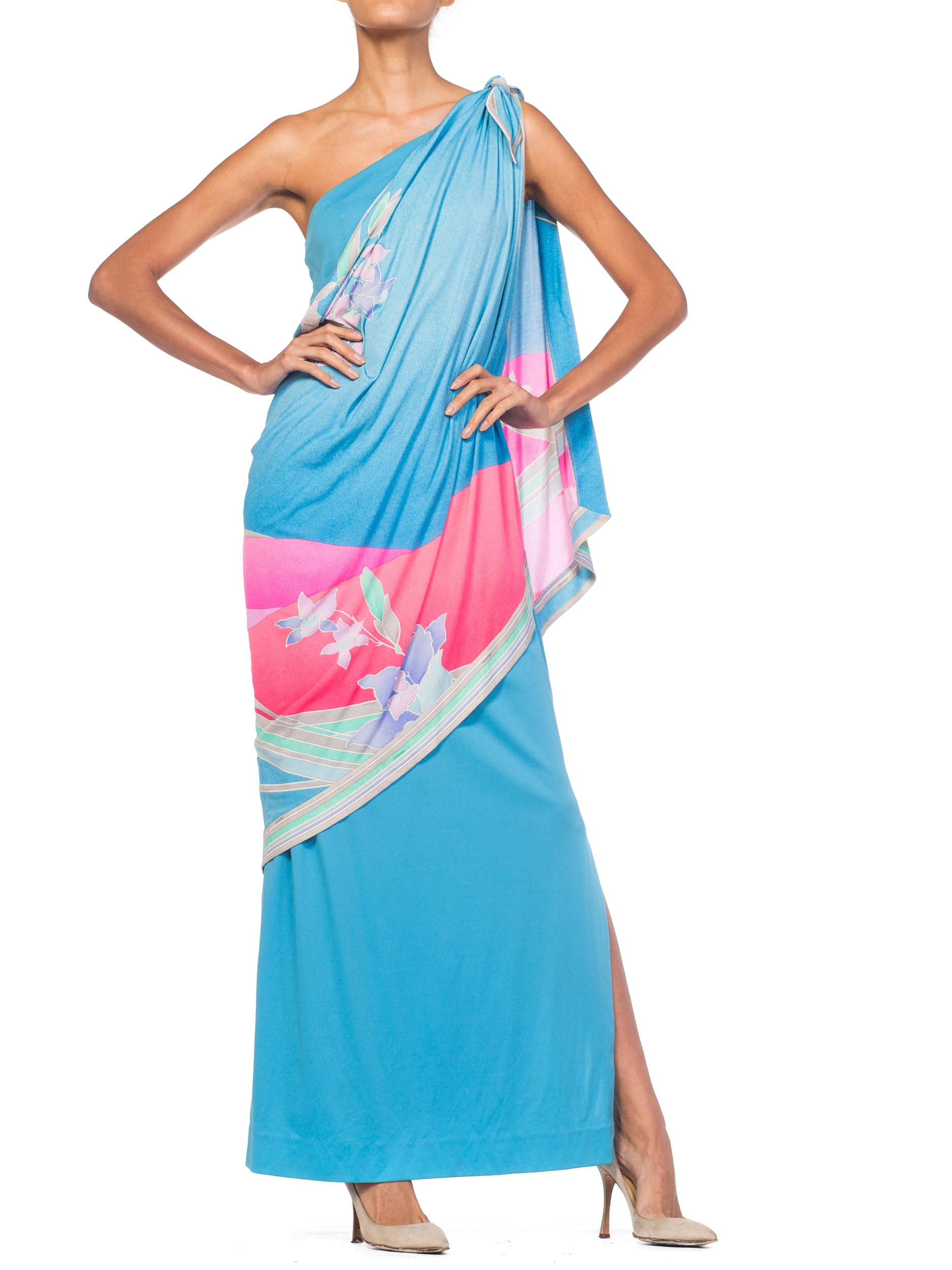 1970S LEONARD Aqua & Pink Silk Jersey Draped One Shoulder Tropical Floral Gown 5