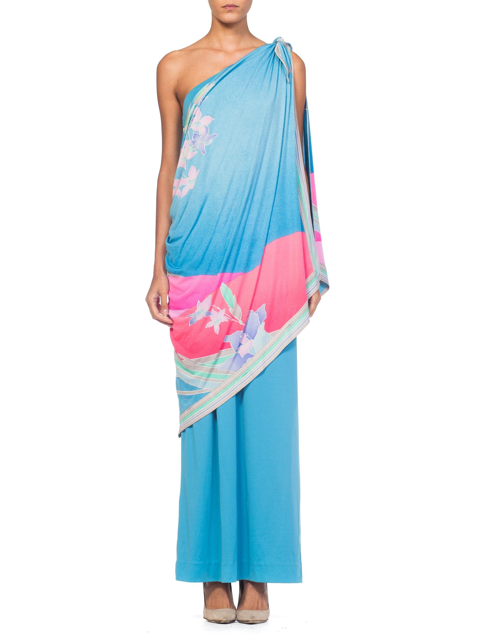 1970S LEONARD Aqua & Pink Silk Jersey Draped One Shoulder Tropical Floral Gown 9