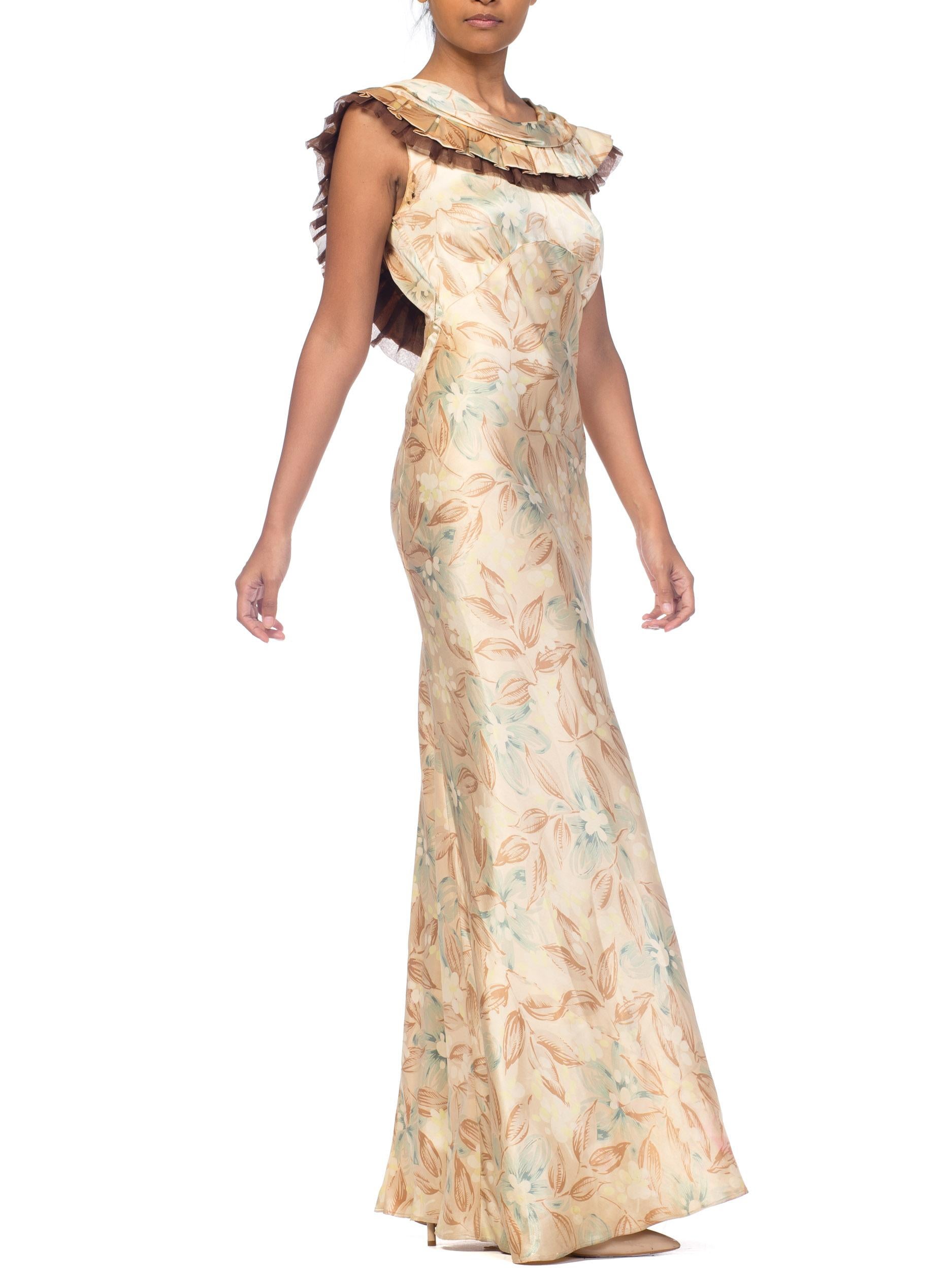 Beige 1930s Bias Cut Floral Satin Gown With Silk Ruffles 