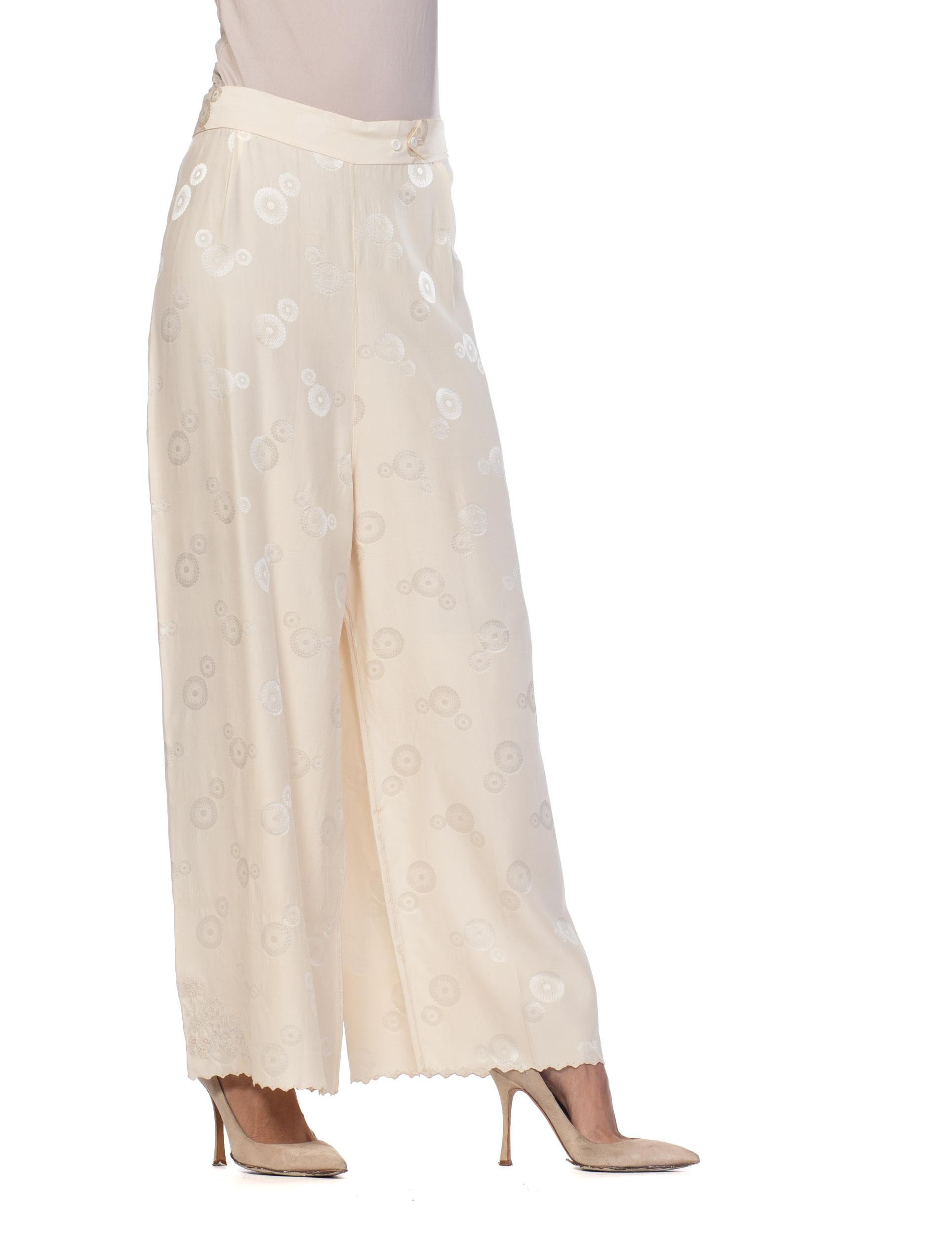 1930S Cream Haute Couture Silk Jaquard Chinese Lounge Pants (Beige)