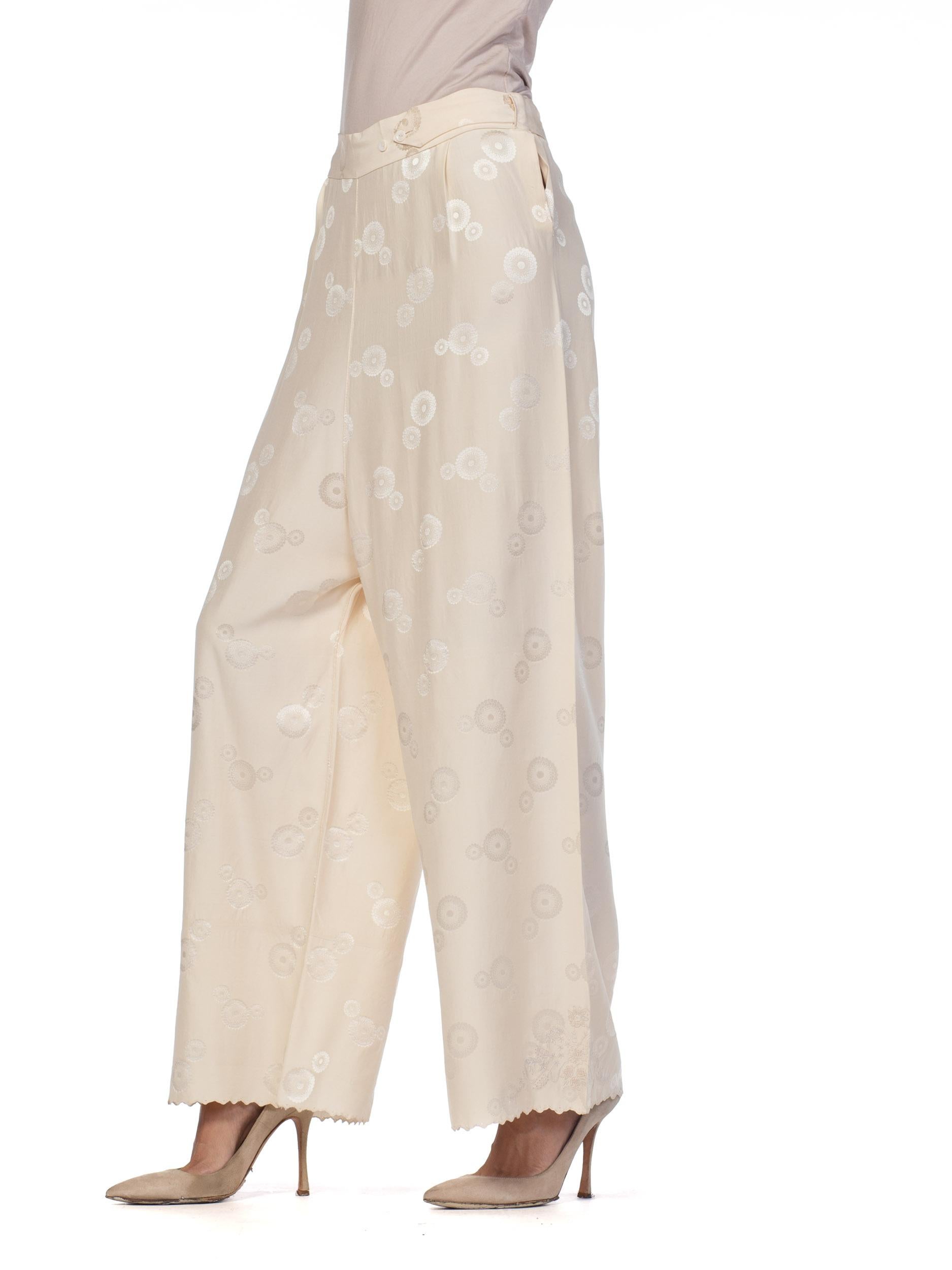 1930S Cream Haute Couture Silk Jaquard Chinese Lounge Pants 1